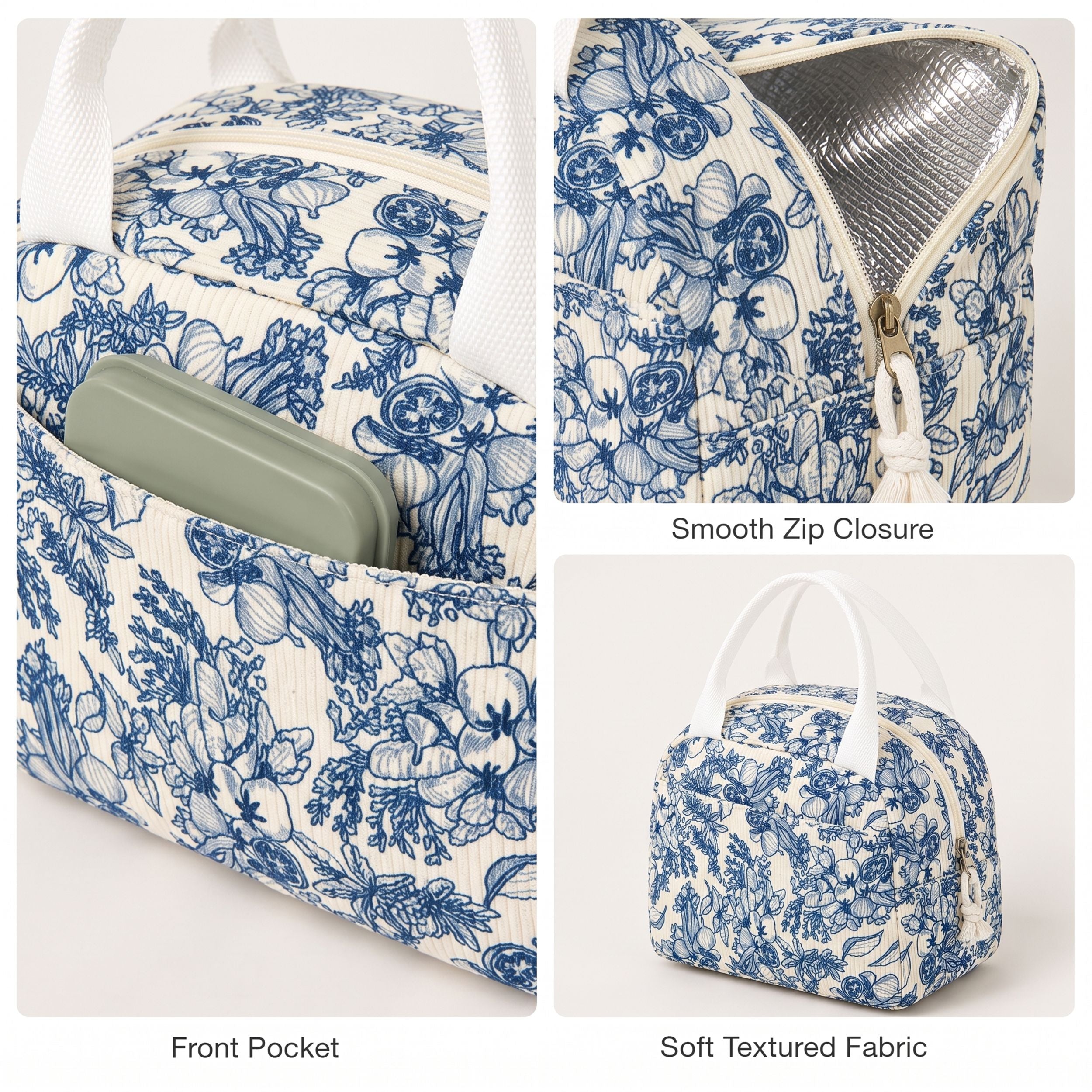 Printed Insulated Lunch Tote Bag with Double Handles and Zip Closure