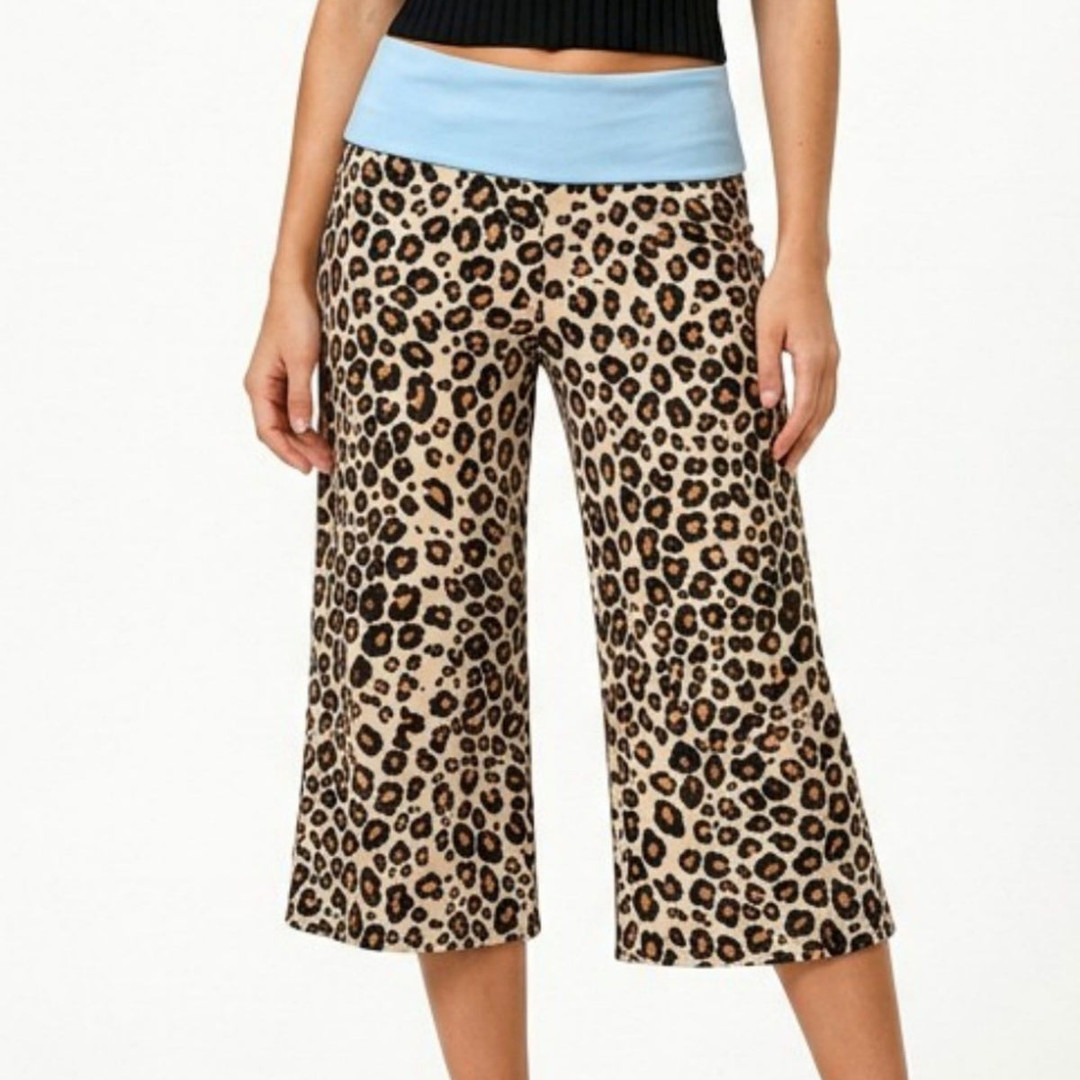 Contrast Foldover Waistband Leopard Print Cropped Trousers