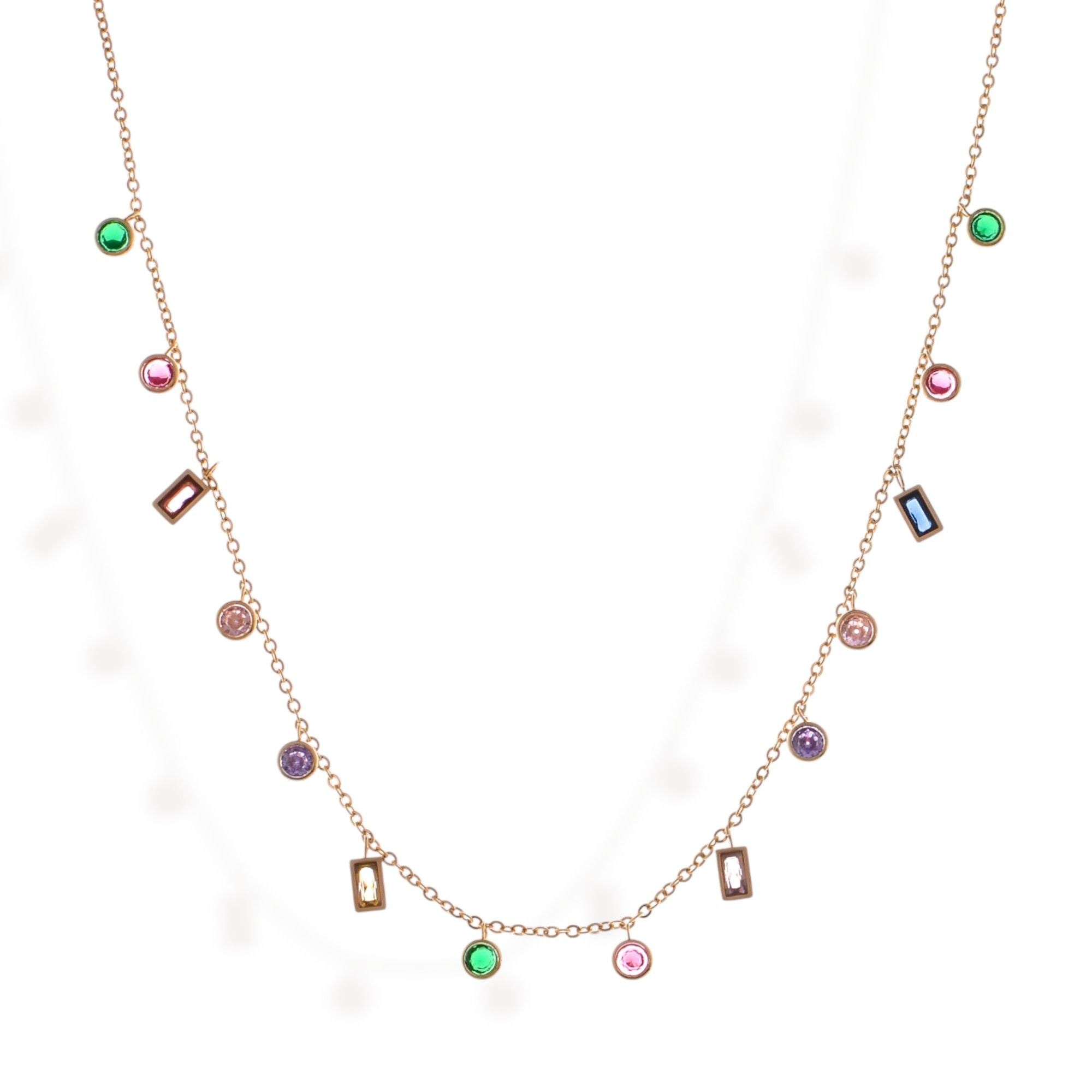Women's Multi-Colored Gemstone Pendant Fashion Necklace on Gold Tone Chain
