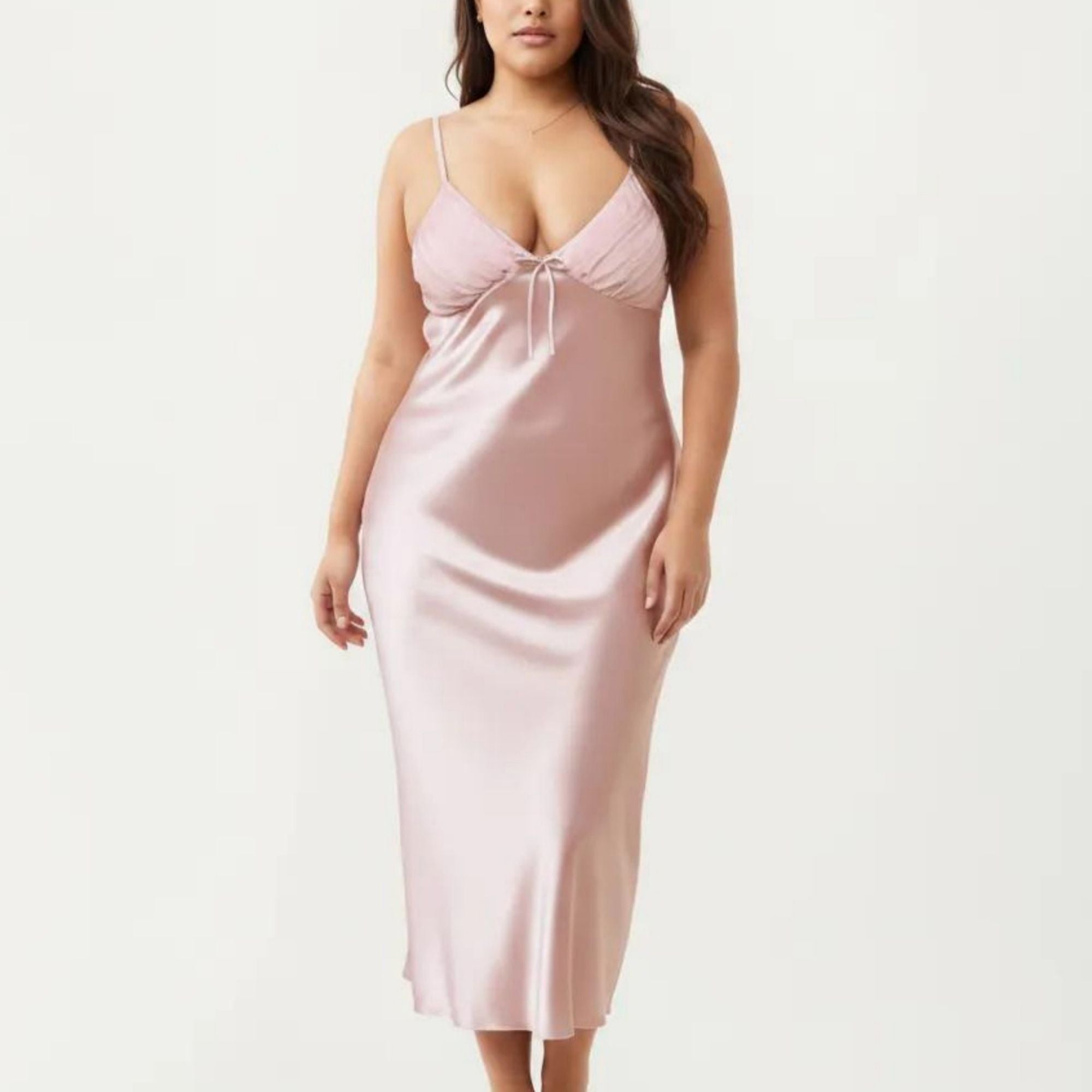 Anna-Kaci Lounge Women's Plus Size Satin Chemise Nightgown with Lace Trim Neckline Adjustable Straps Side Slit Slip Dress