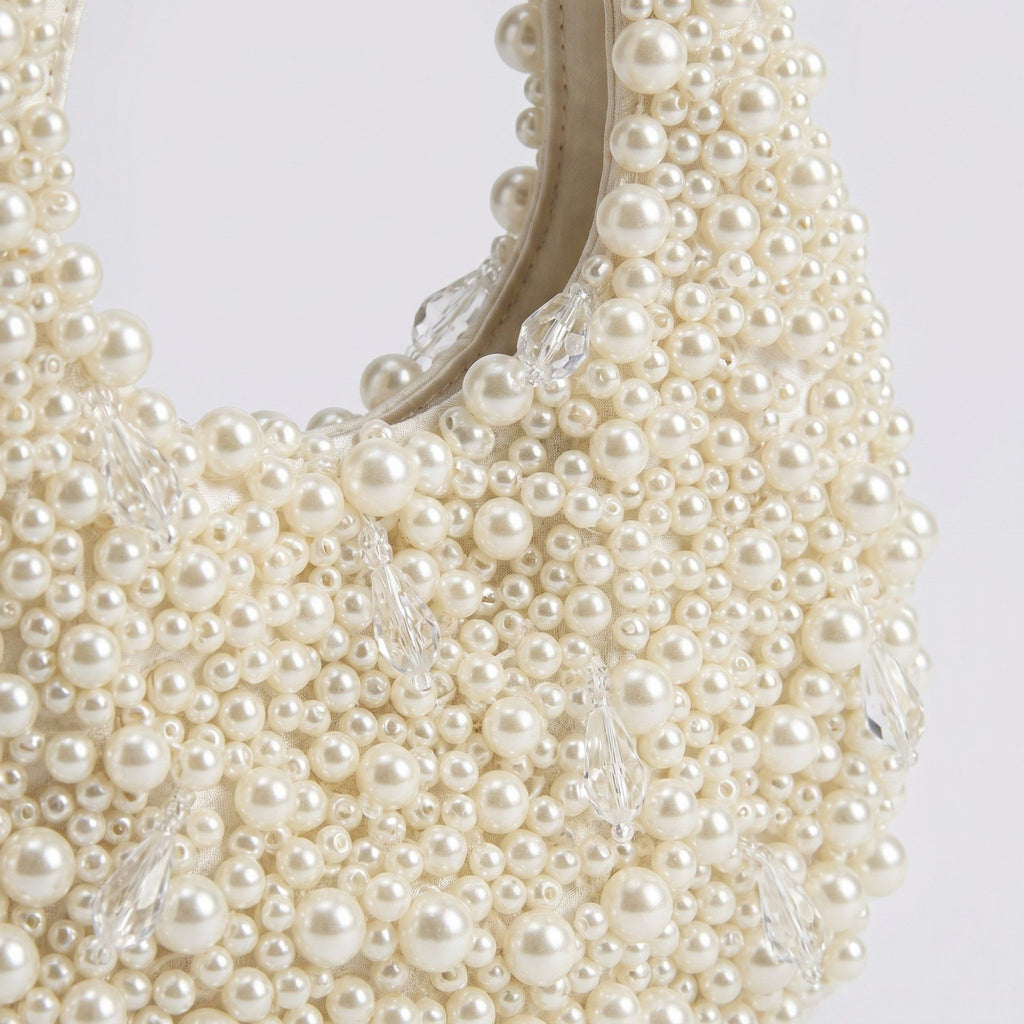 Faux Pearl Embellished Shoulder Bag with Crystal Accents Hand Beaded Crescent Handbag 10x2x13.7 in