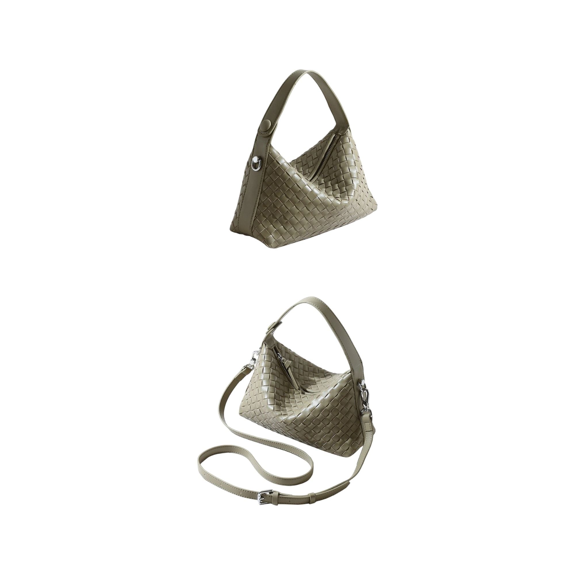 Woven Leather Shoulder Satchel with Convertible Crossbody Strap and Sculpted Hobo Silhouette