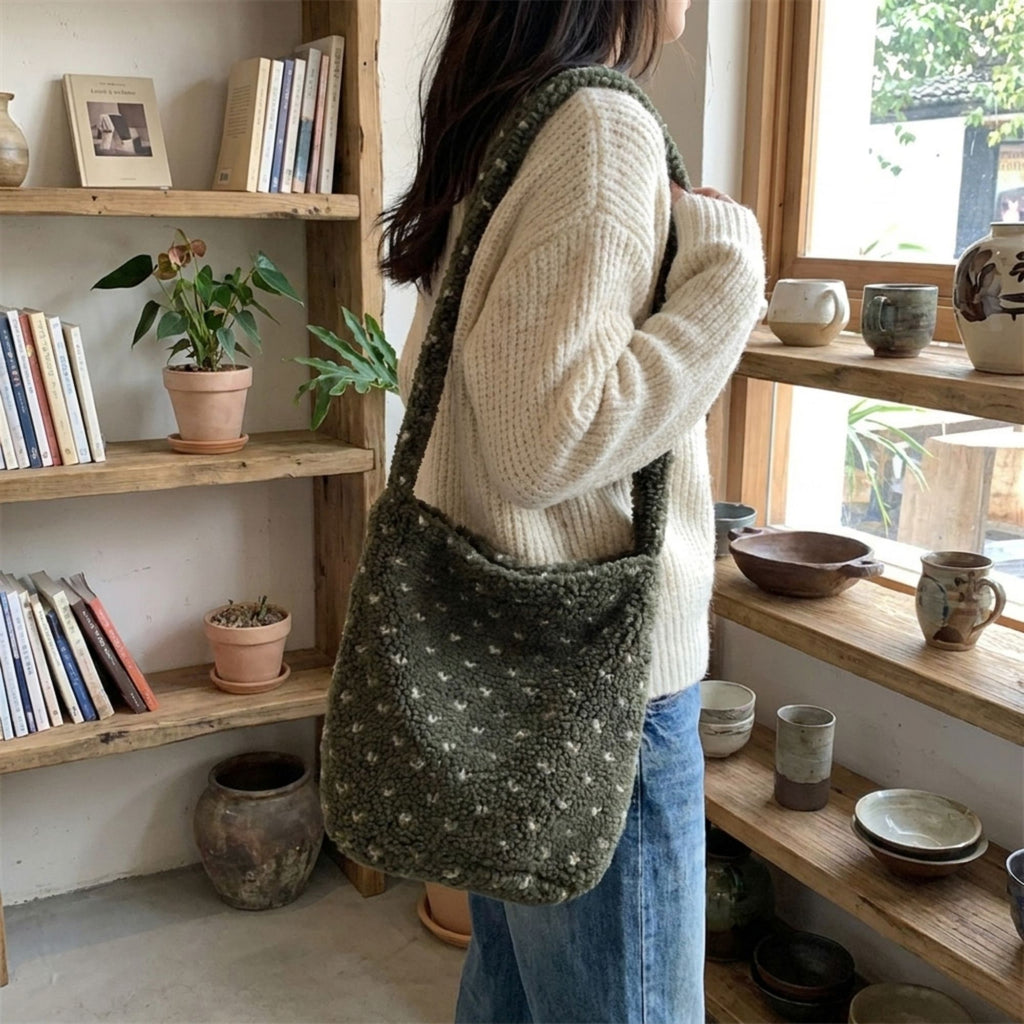 Fuzzy Shoulder Bag Soft Textured Tote Purse with Magnetic Closure