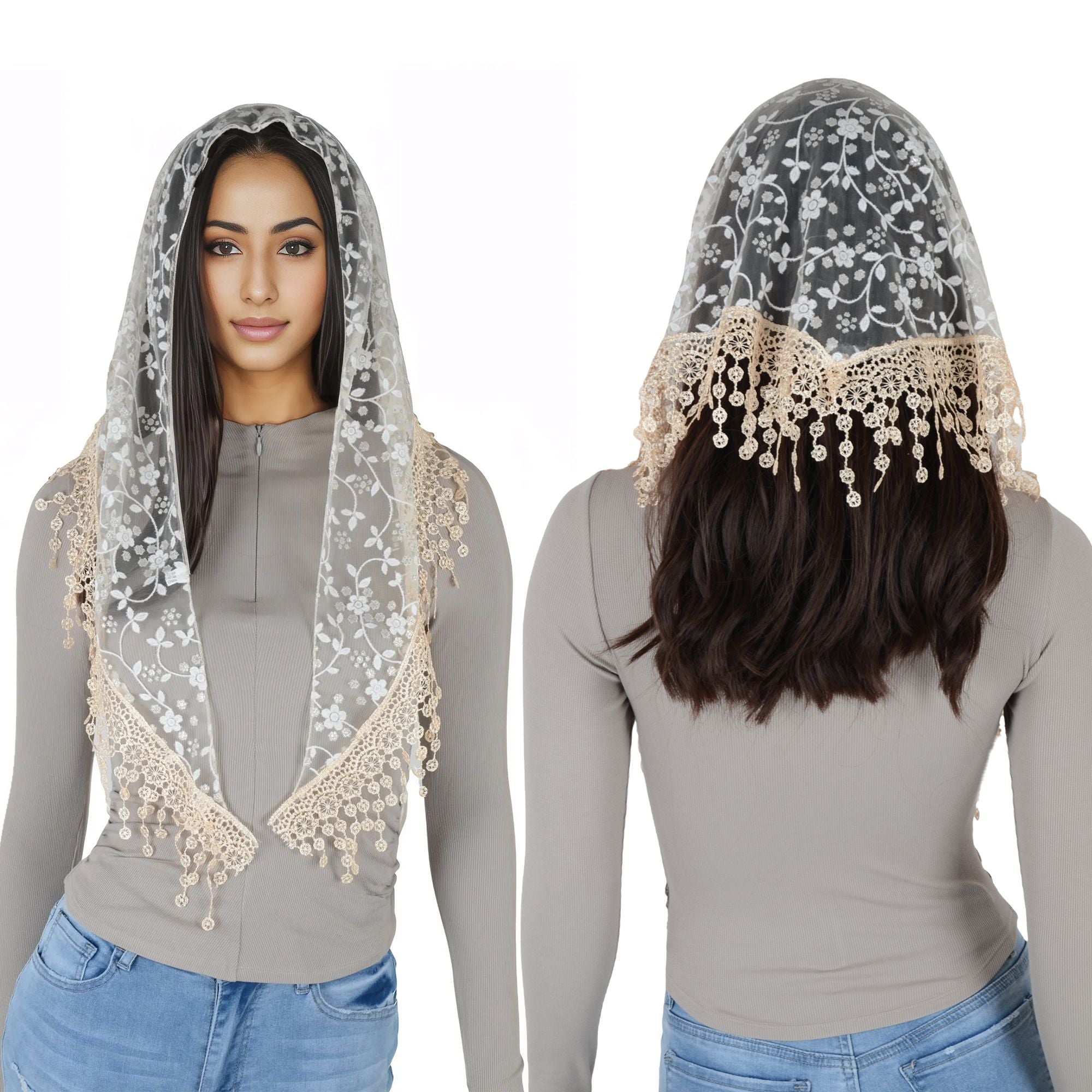 Anna-Kaci Lightweight Lace Floral Head Scarf Fringe Triangular Shawl Scarf Wrap Bandana for Women