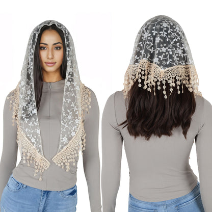 Anna-Kaci Lightweight Lace Floral Head Scarf Fringe Triangular Shawl Scarf Wrap Bandana for Women