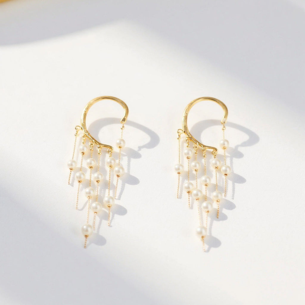 Women's Gold Tone Ear Cuff Drop Earrings with Layered Chains and Simulated Pearl Dangles