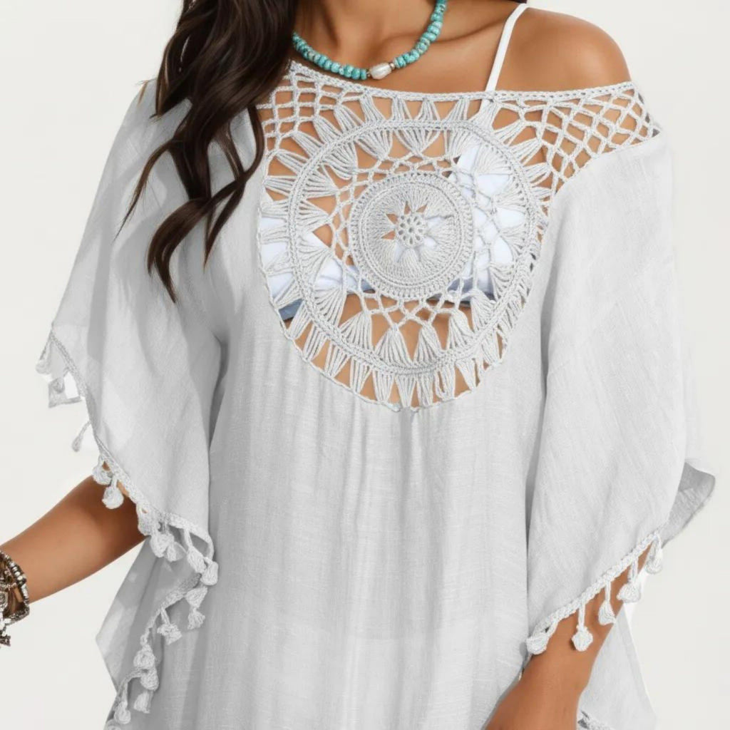 Anna-Kaci Women's Crochet Medallion Swim Cover Up Dress with Tassel Trim and Relaxed Boho Silhouette