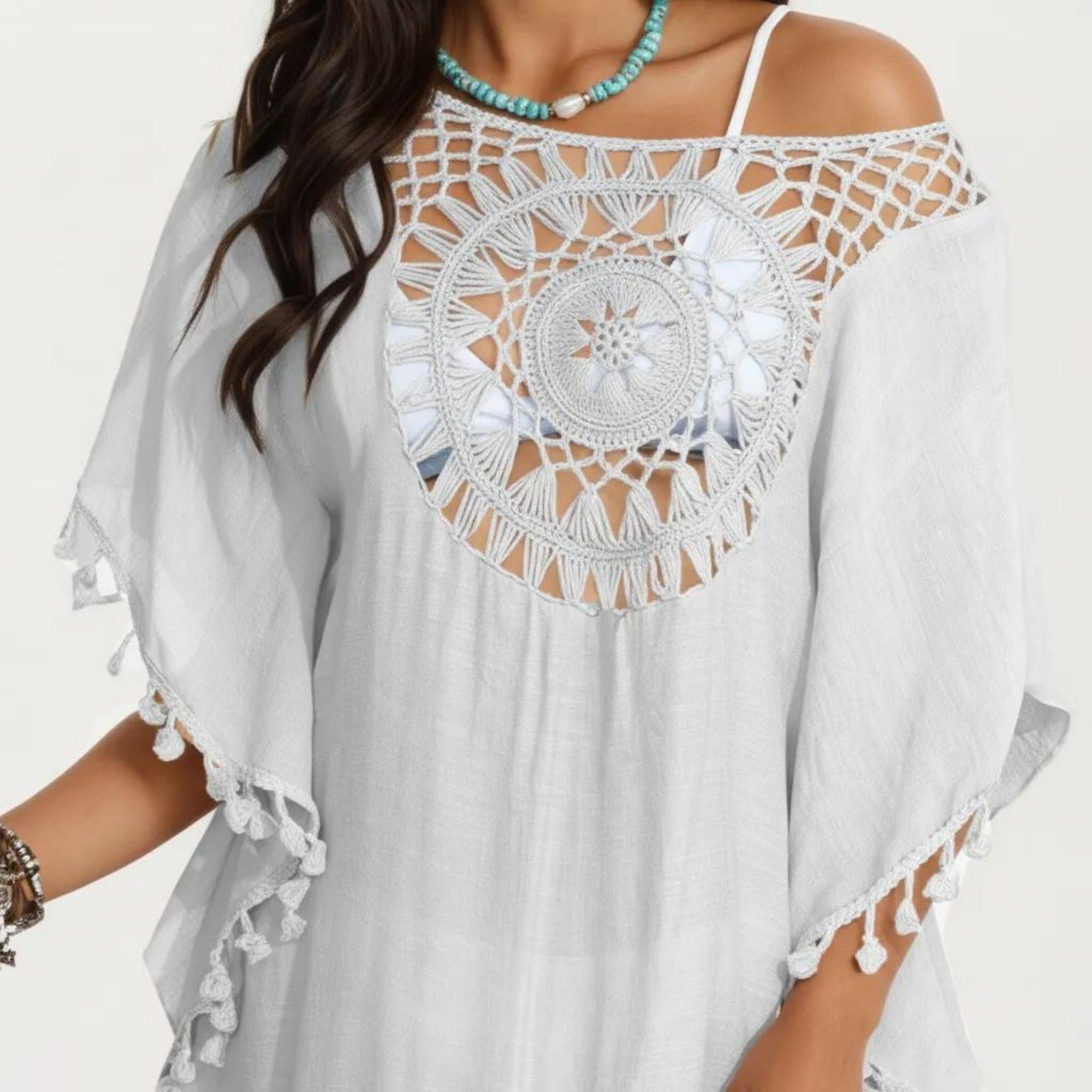 Anna-Kaci Women's Crochet Medallion Swim Cover Up Dress with Tassel Trim and Relaxed Boho Silhouette