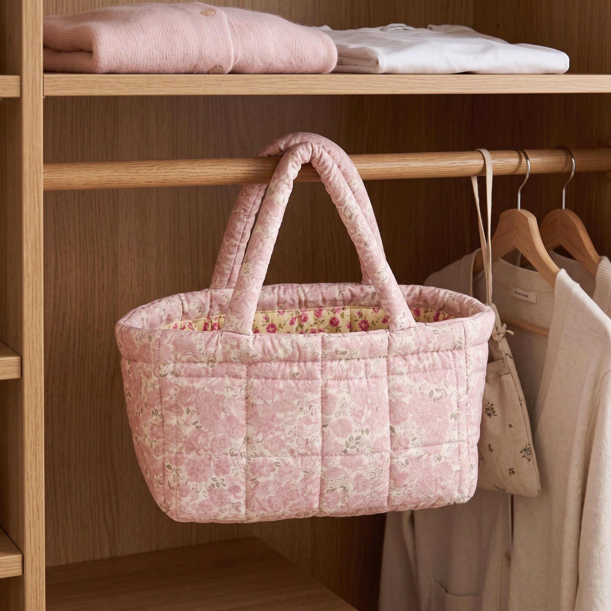 Quilted Floral Storage Basket with Handles for Home Organization