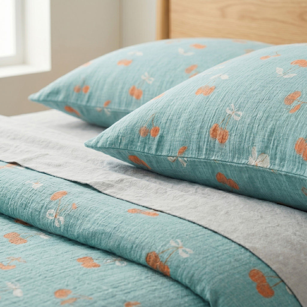 4-Piece Cotton Bedding Set with Cherry Print Duvet Cover and Pillowcases