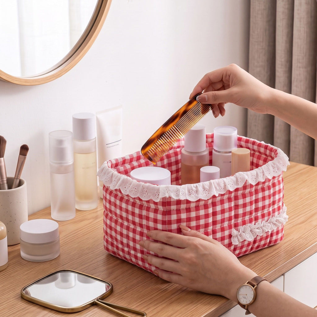 Quilted Gingham Fabric Storage Basket with Lace Trim