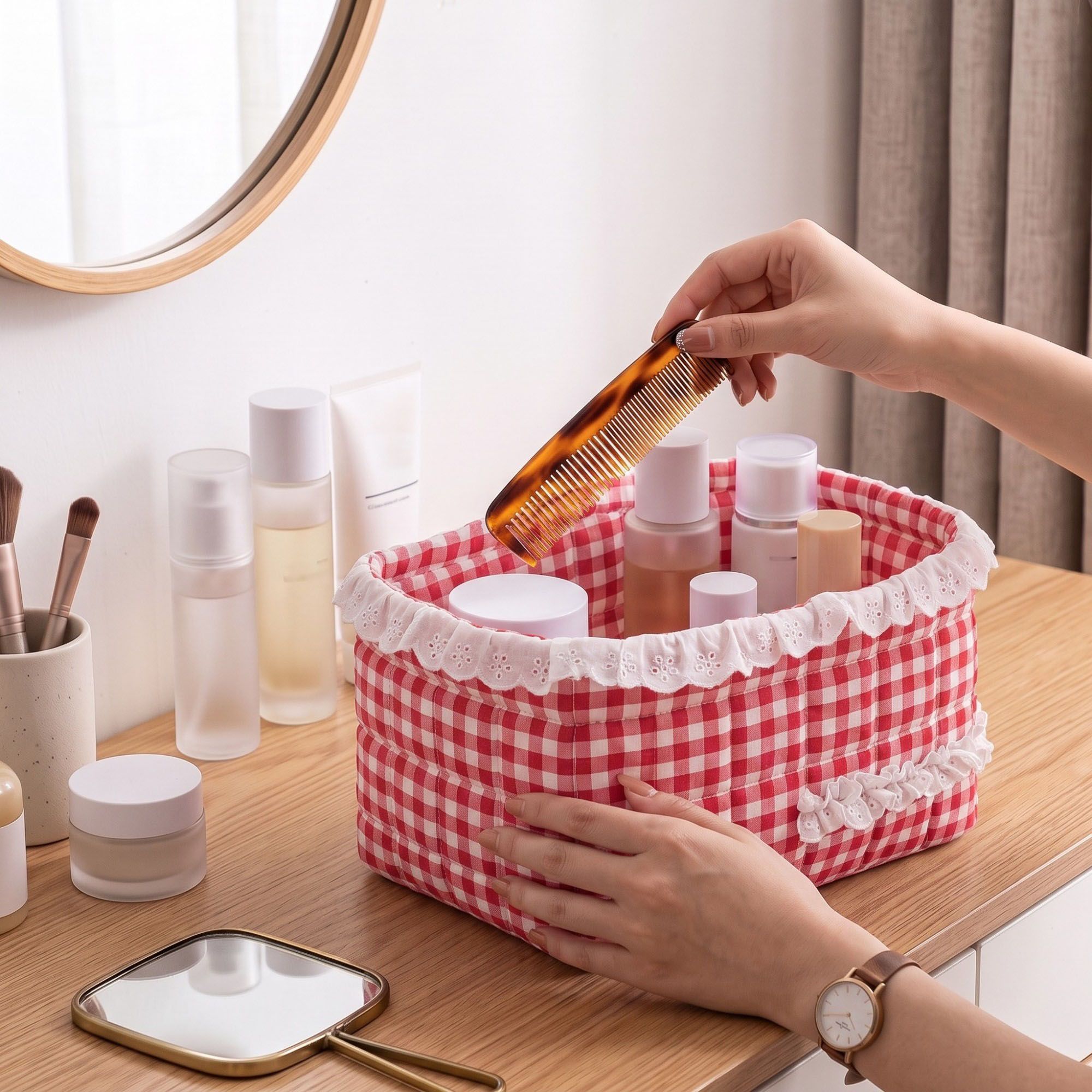 Quilted Gingham Fabric Storage Basket with Lace Trim