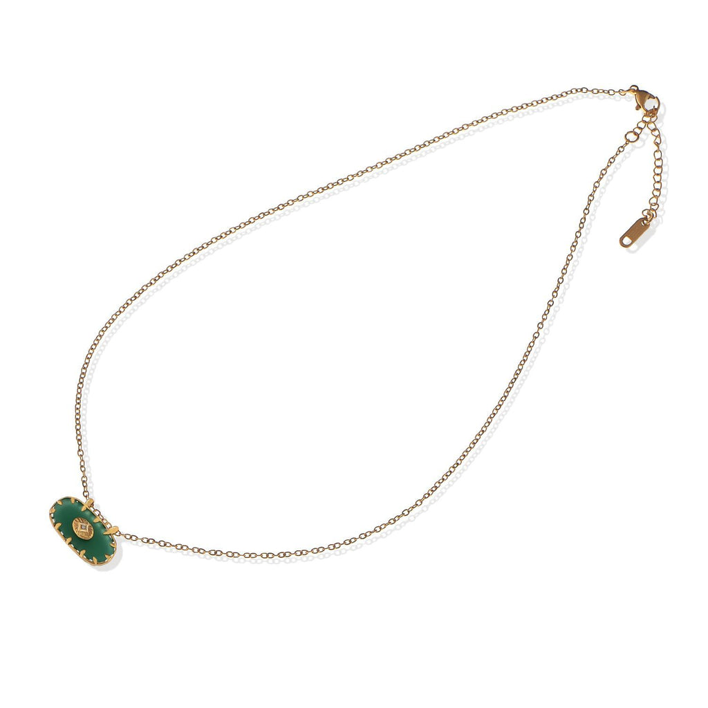 Women's Stainless Steel Fashion Necklace with 18K Gold Plated Pendant, Green Natural Stone Inlay, Adjustable Chain, Unique Design