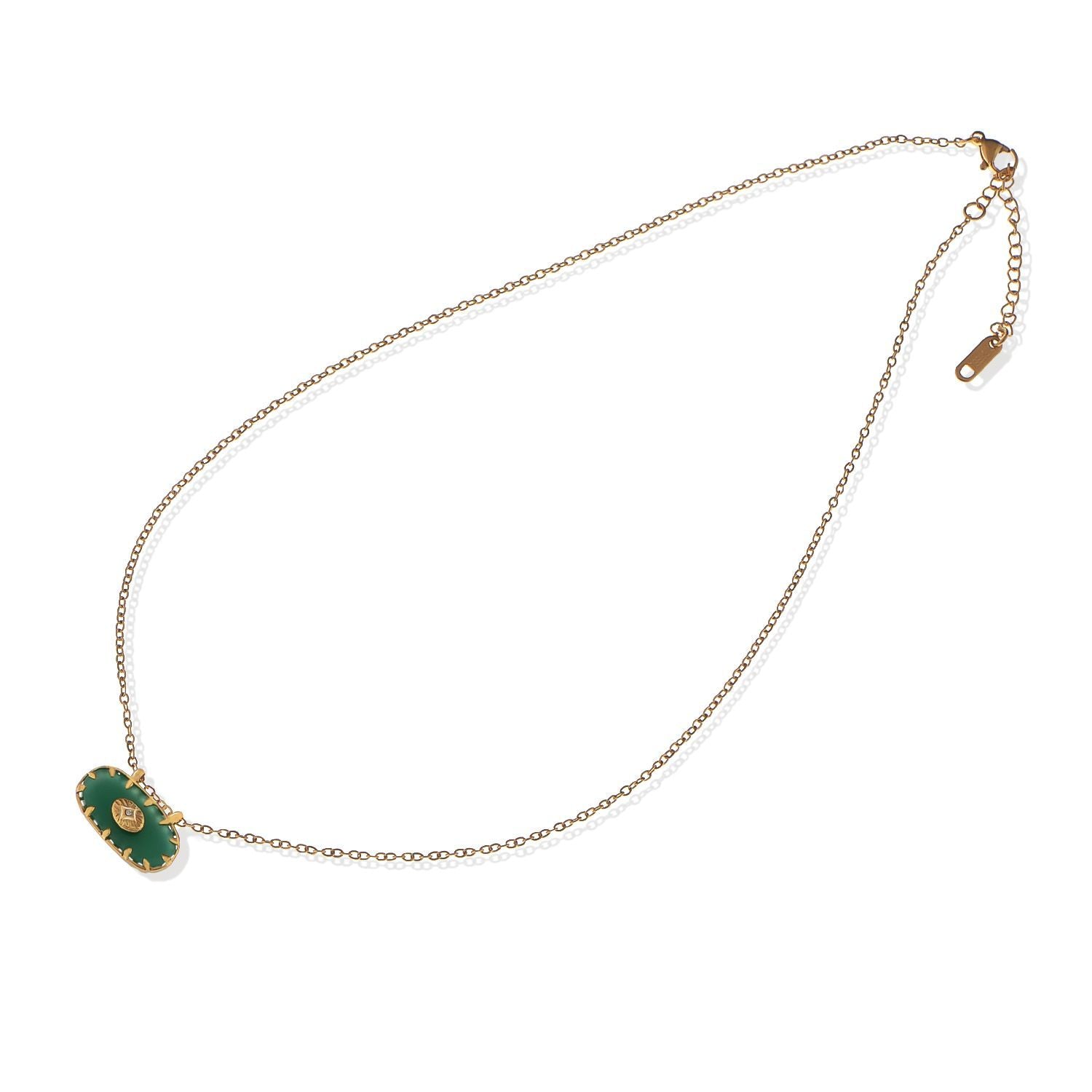 Women's Stainless Steel Fashion Necklace with 18K Gold Plated Pendant, Green Natural Stone Inlay, Adjustable Chain, Unique Design