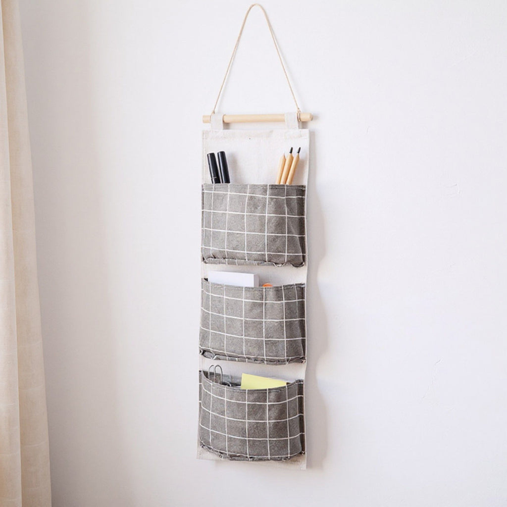 Hanging Wall Organizer with Three Pockets and Black Grid Pattern 22.5x7.8 in
