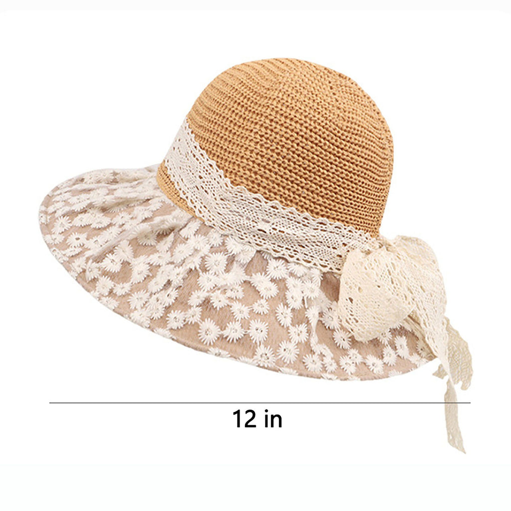 Crochet Sun Hat with Lace Bow Accent and Embroidered Sheer Wide Brim