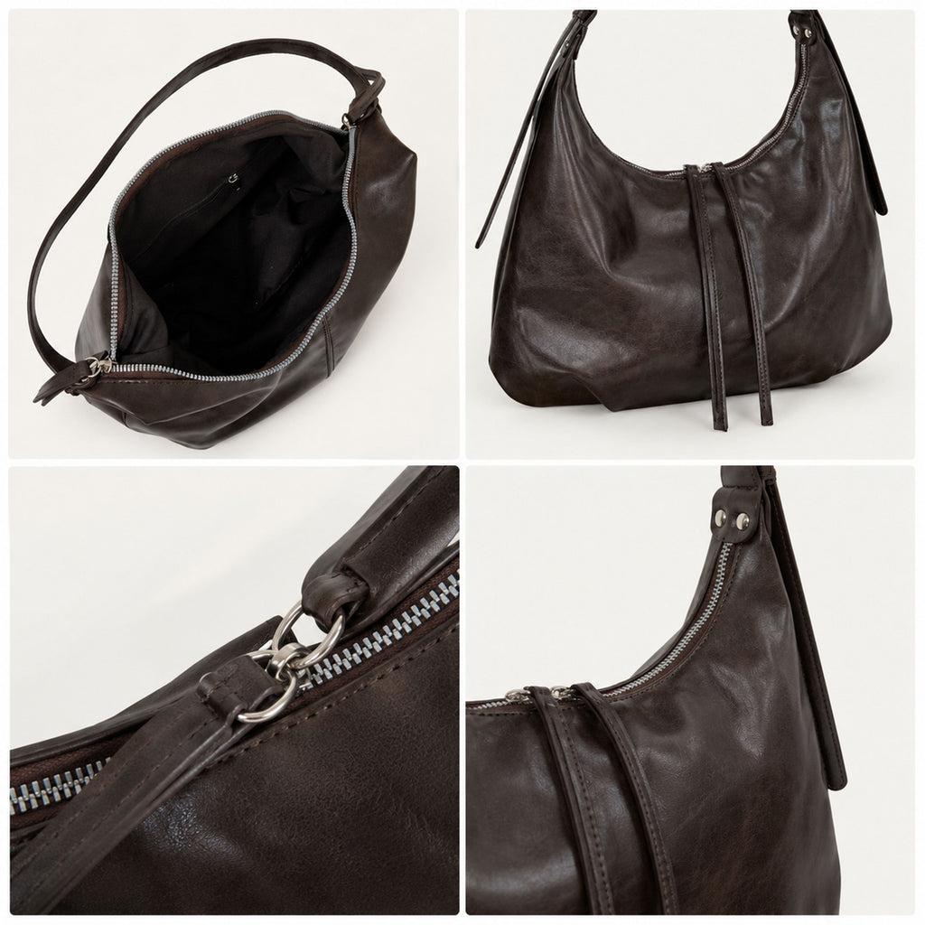 Slouchy Faux Leather Hobo Shoulder Bag with Adjustable Strap and Zip Closure
