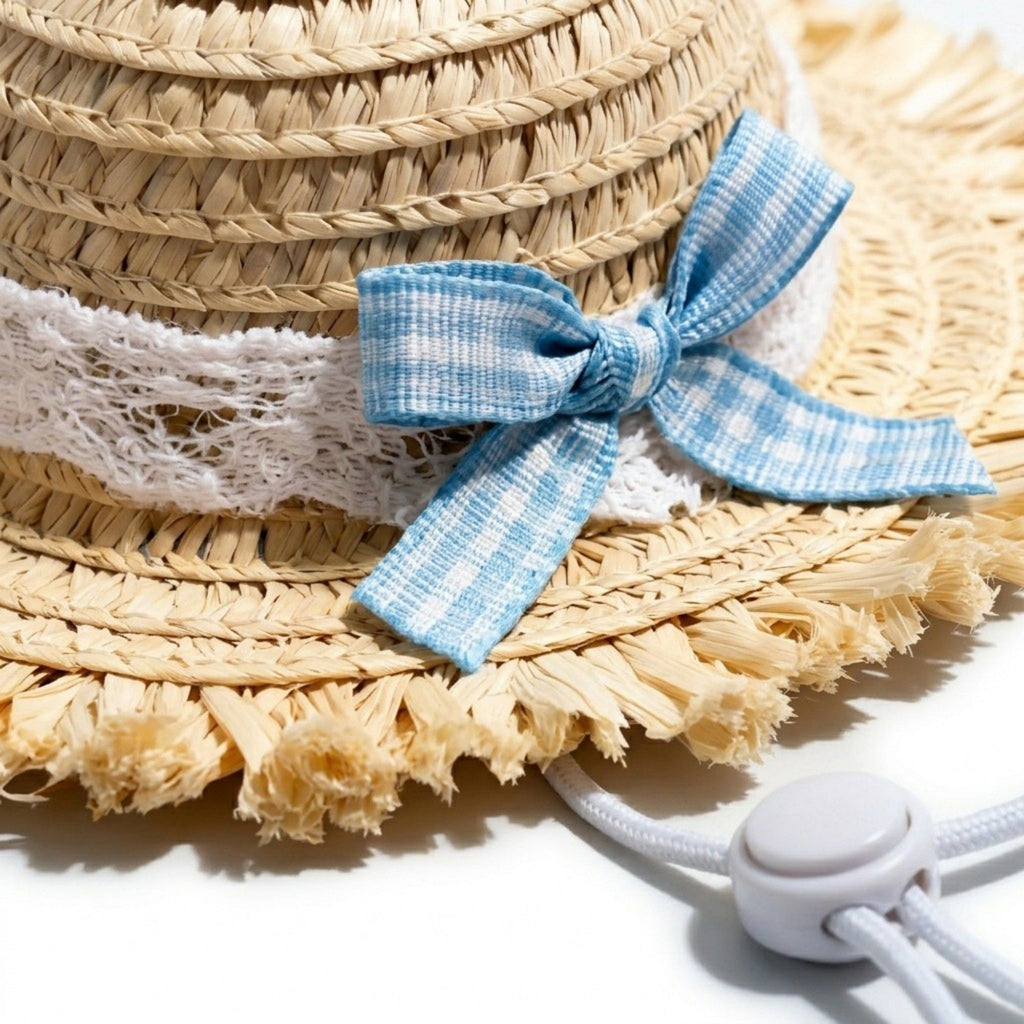 Pet Straw Sun Hat with Lace Trim Bow Adjustable Chin Strap Summer Costume Hat for Cats and Small Dogs