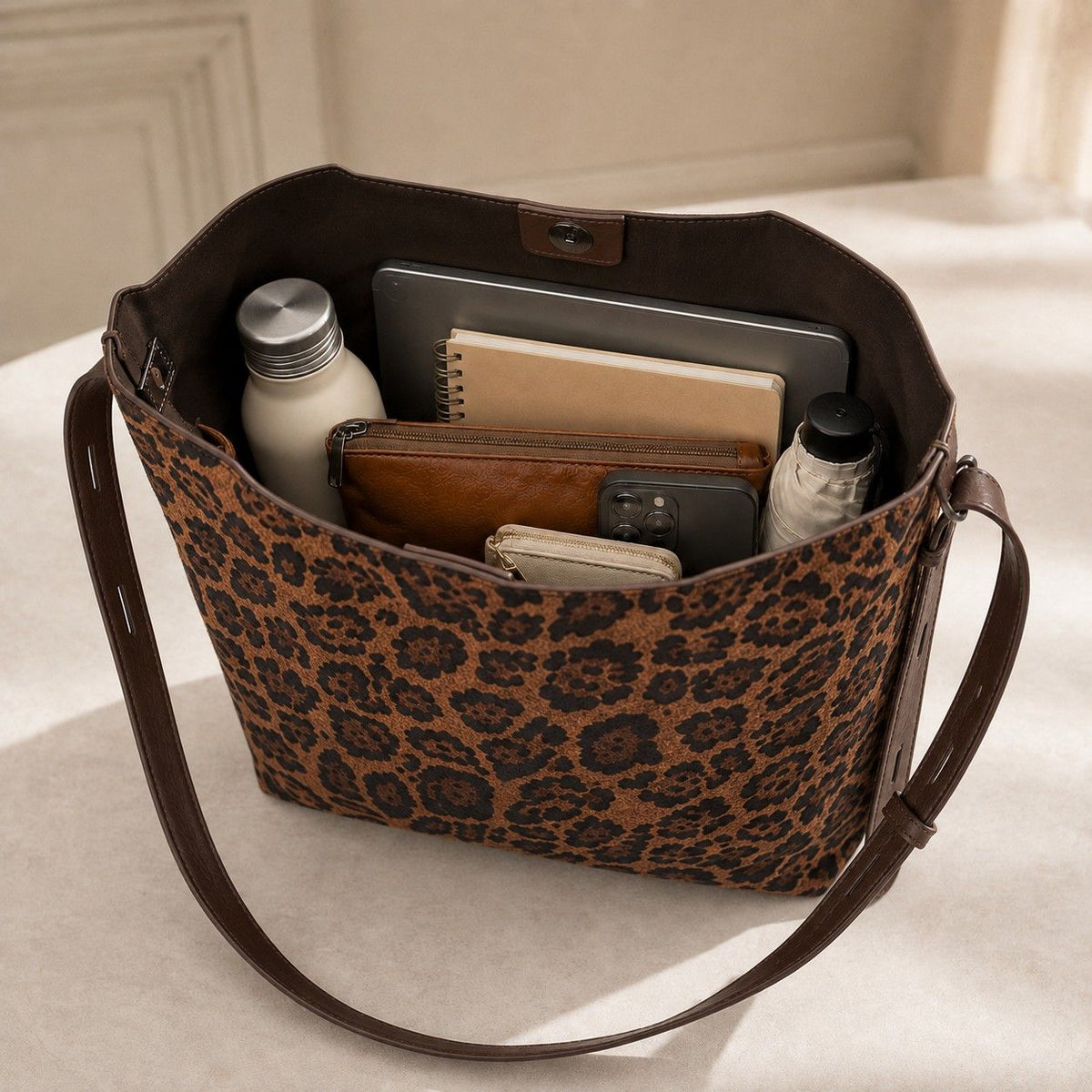 Faux Suede Shoulder Tote Bag with Removable Zip Pouch Adjustable Strap and Magnetic Closure