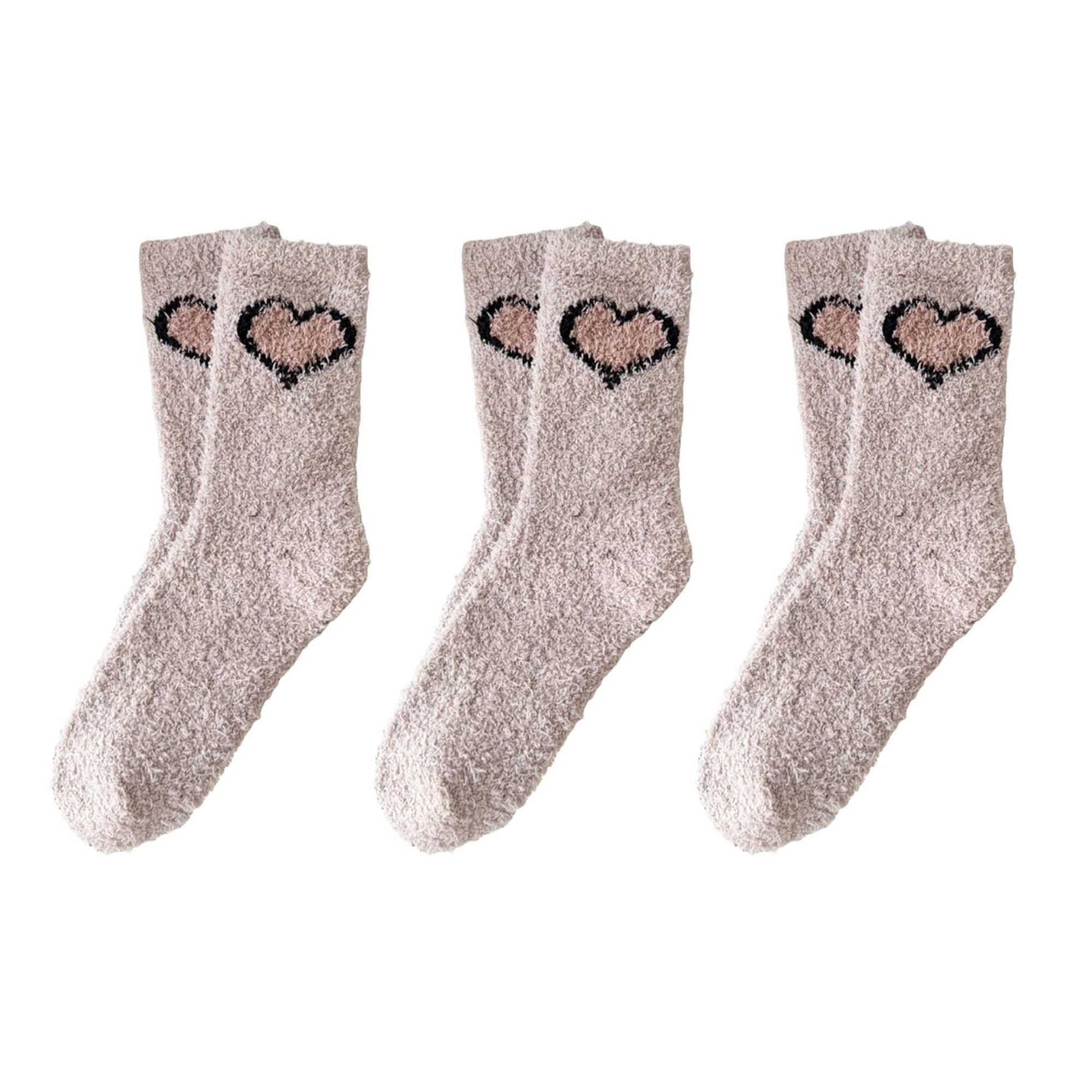 Anna-Kaci 3-Pair Fuzzy Valentine Heart Knit Crew Socks Set with Soft Plush Texture, Stretchy Cozy Fabric, and Cute Heart Accent for Gifting