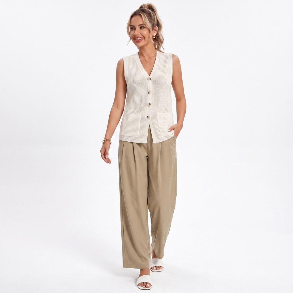 Anna-Kaci Women's Button Front Sweater Vest V Neck Sleeveless Knit Pocket Top