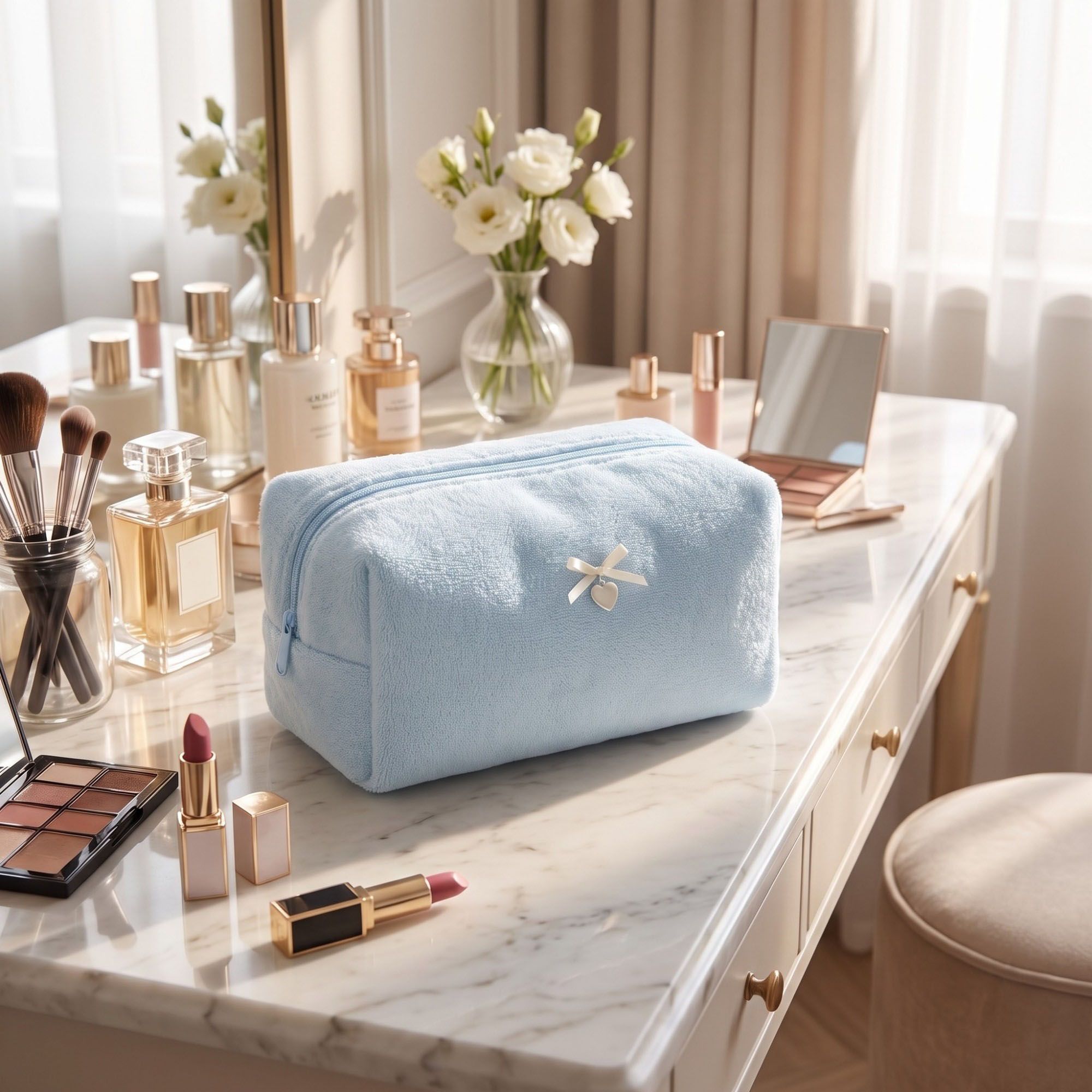 Womens Soft Textured Cosmetic Bag Zipper Makeup Toiletry Organizer
