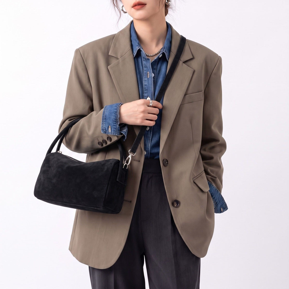Faux Suede Satchel Bag with Detachable Crossbody Strap Beige