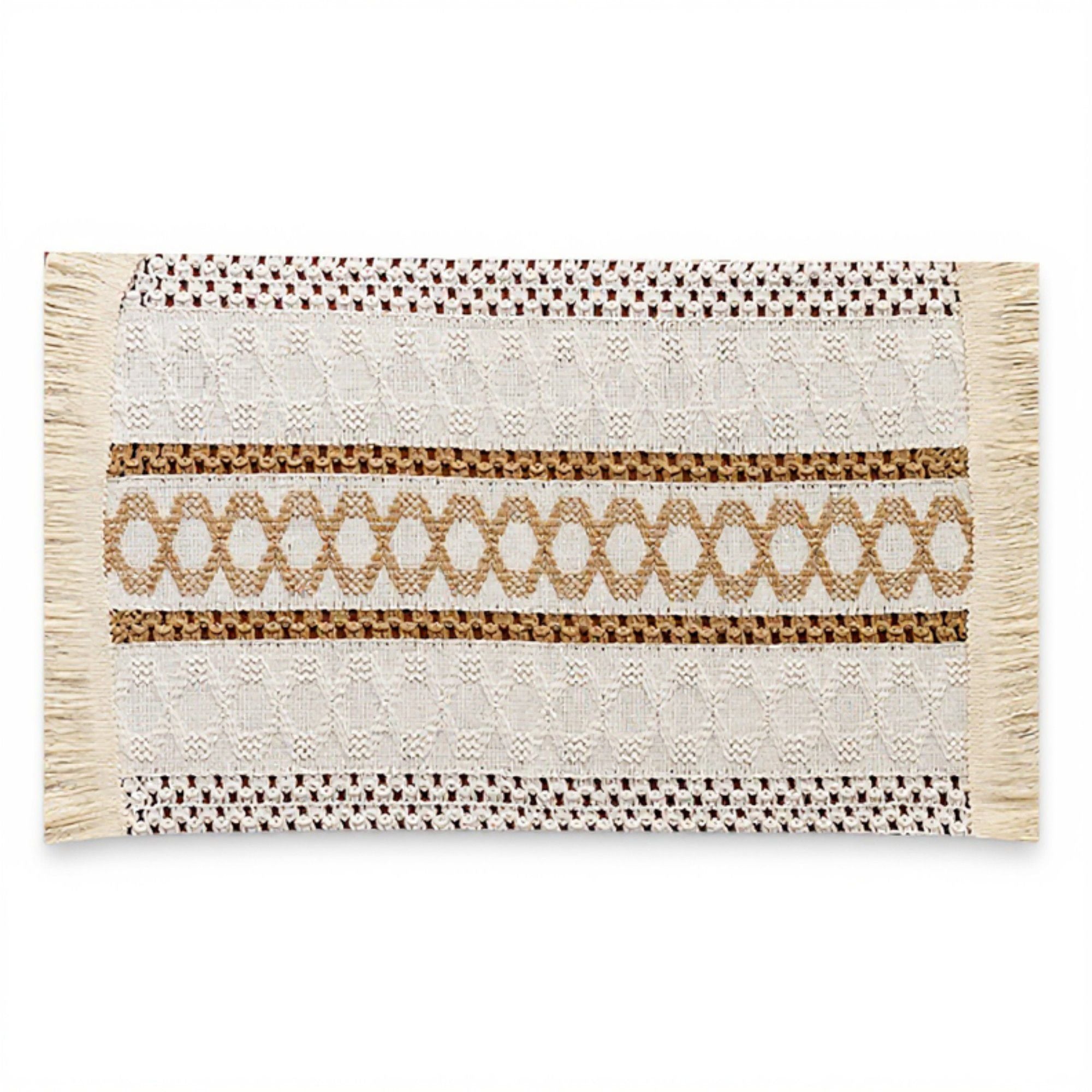 4 Set Woven Rectangular Placemats with Textured Stripes and Fringe Edges 11.8x19.5 in