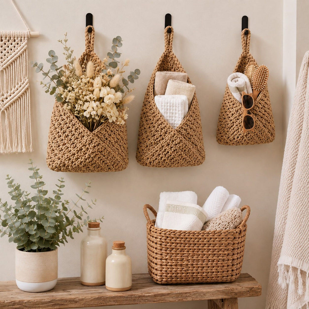 Woven Cotton Rope Hanging Basket Set Wall Storage Organizer with Hooks
