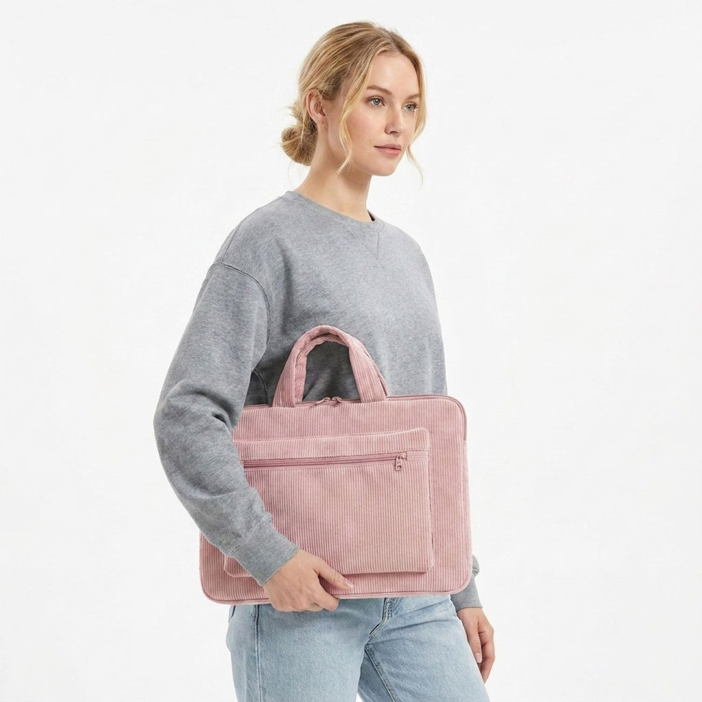 Corduroy Laptop Bag Large Capacity Work Tote with Front Zipper Pocket
