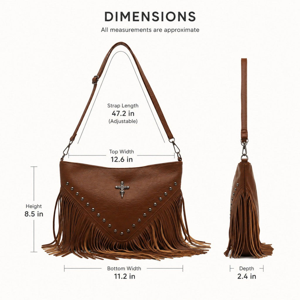 Studded Fringe Shoulder Bag with Adjustable Strap and Zip Closure