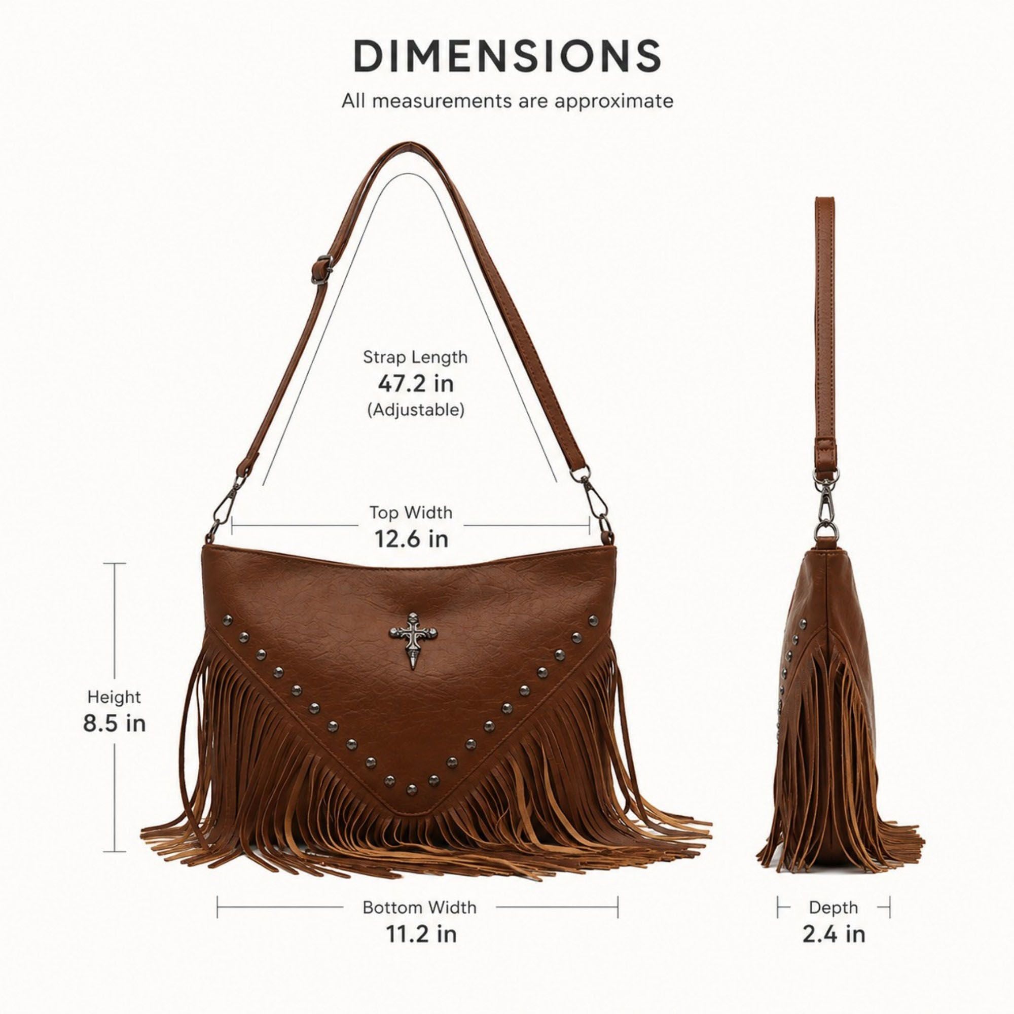 Studded Fringe Shoulder Bag with Adjustable Strap and Zip Closure