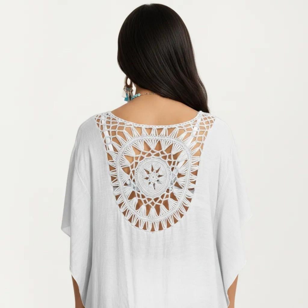 Anna-Kaci Women's Crochet Medallion Swim Cover Up Dress with Tassel Trim and Relaxed Boho Silhouette