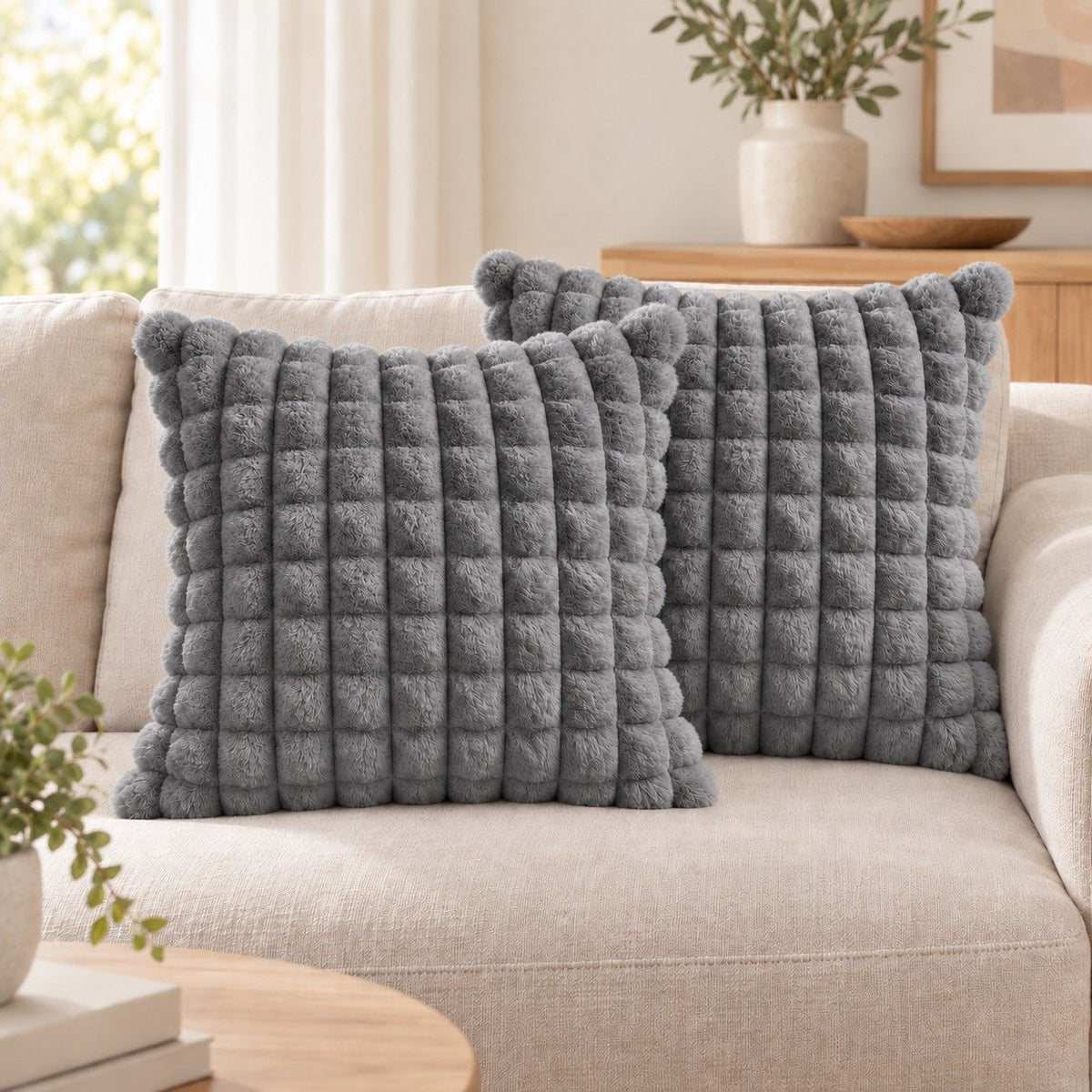 2 Pack Plush Faux Fur Bubble Grid Throw Pillow Covers 18 x 18 Inch for Couch and Bed