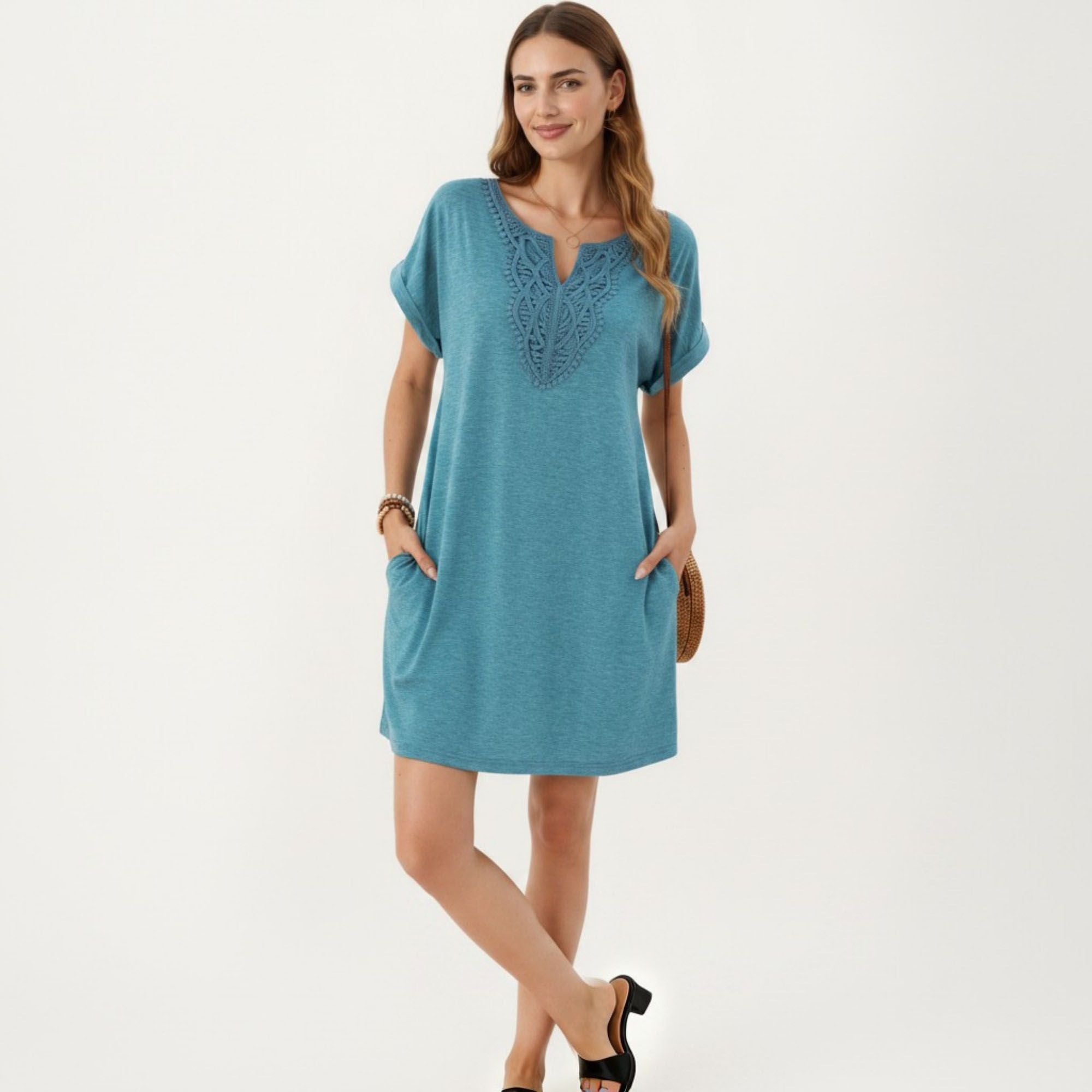 Anna-Kaci Women's Short Sleeve Shift Dress with Split V Neck Embroidered Detail Relaxed Fit Casual Tunic Dress