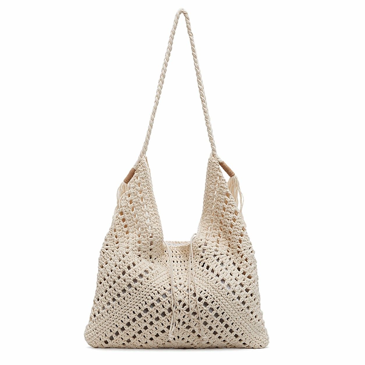 Woven Crochet Hobo Shoulder Bag with Tassel Detail Soft Knit Slouchy Tote Drawstring Style