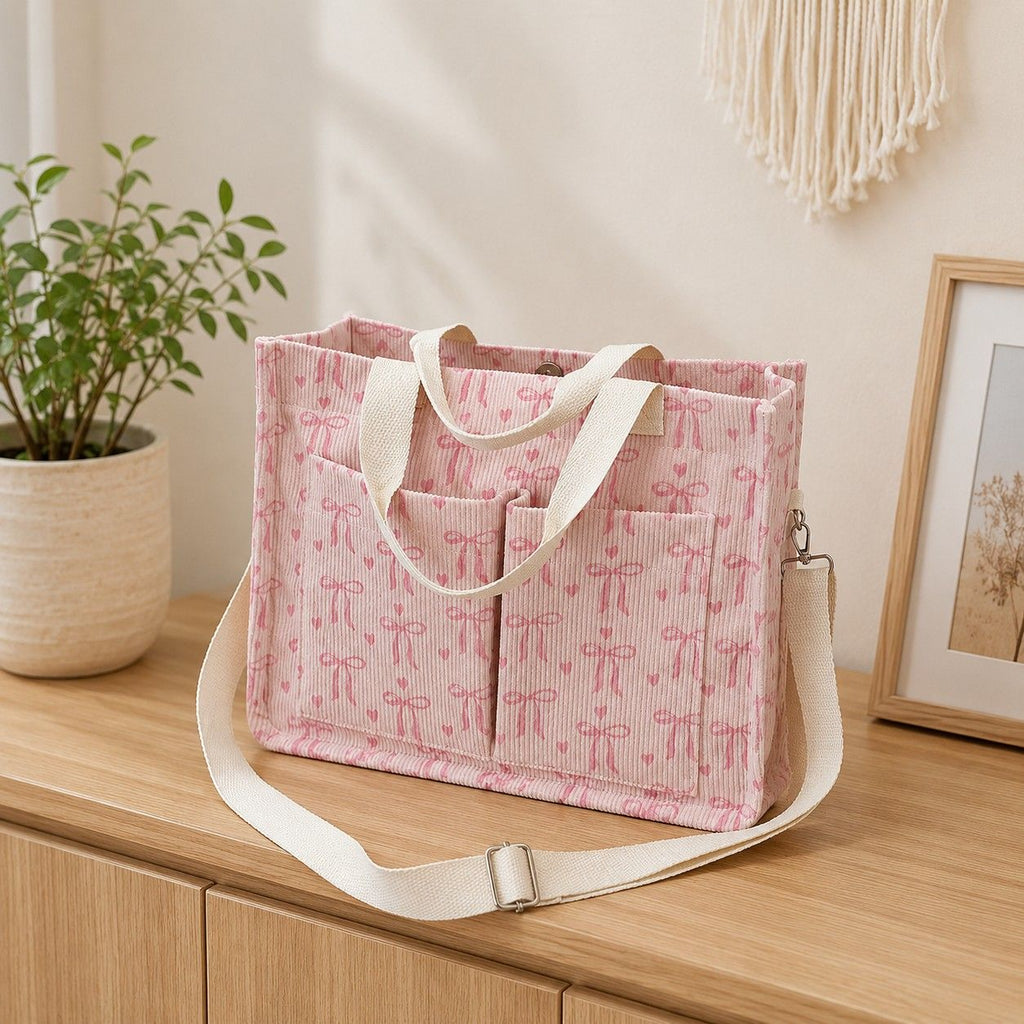 Canvas Tote Bag with Bow Print Large Capacity Lightweight Adjustable Shoulder Bag