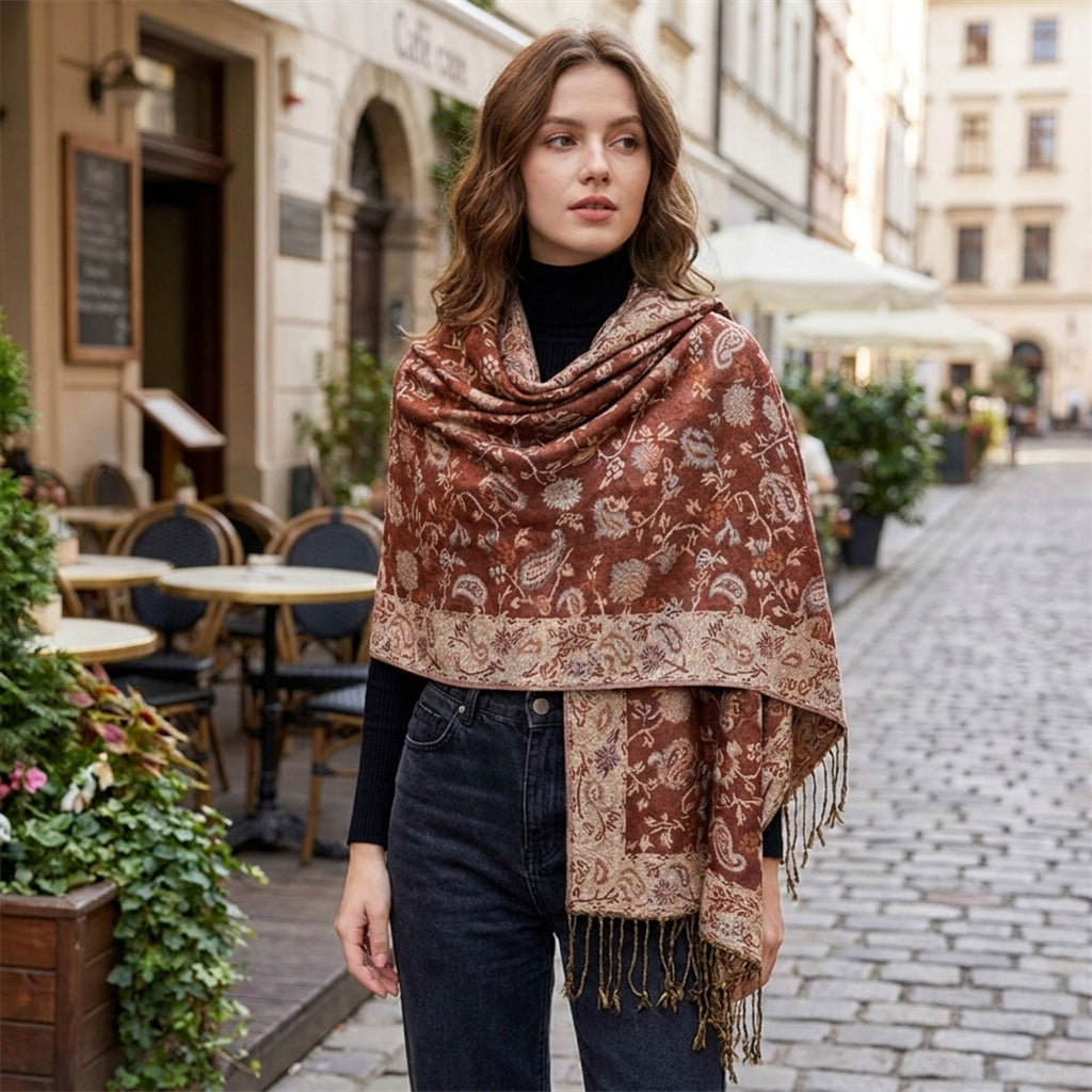 Paisley Scarf with Fringe Trim Soft Wrap Shawl 75*27.5 Inches