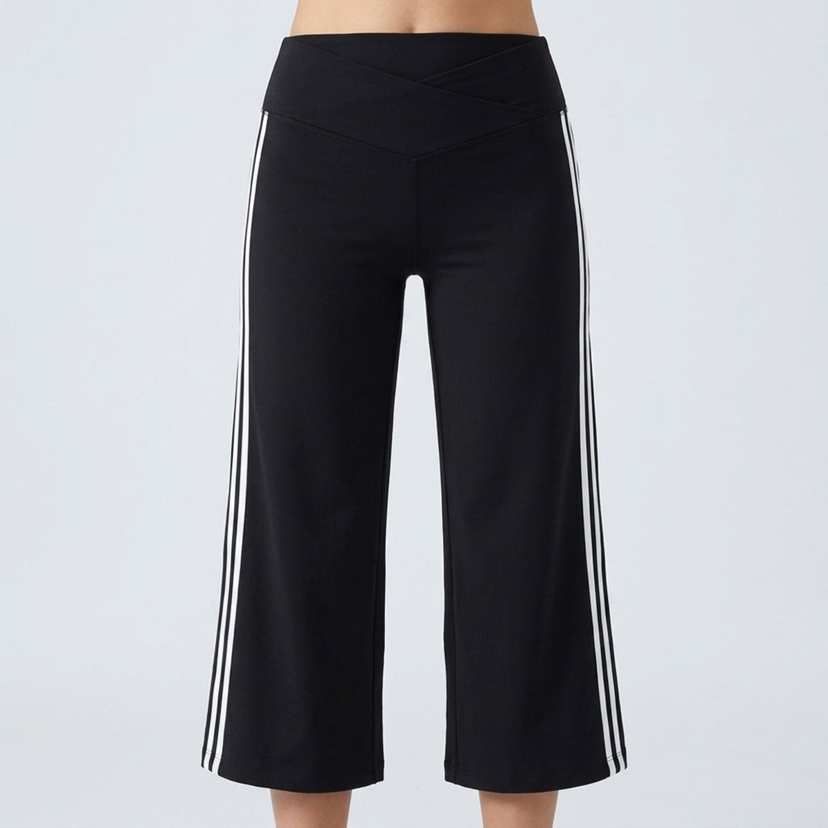 Crossover Waistband Side-Stripe Cropped Wide-Leg Trousers