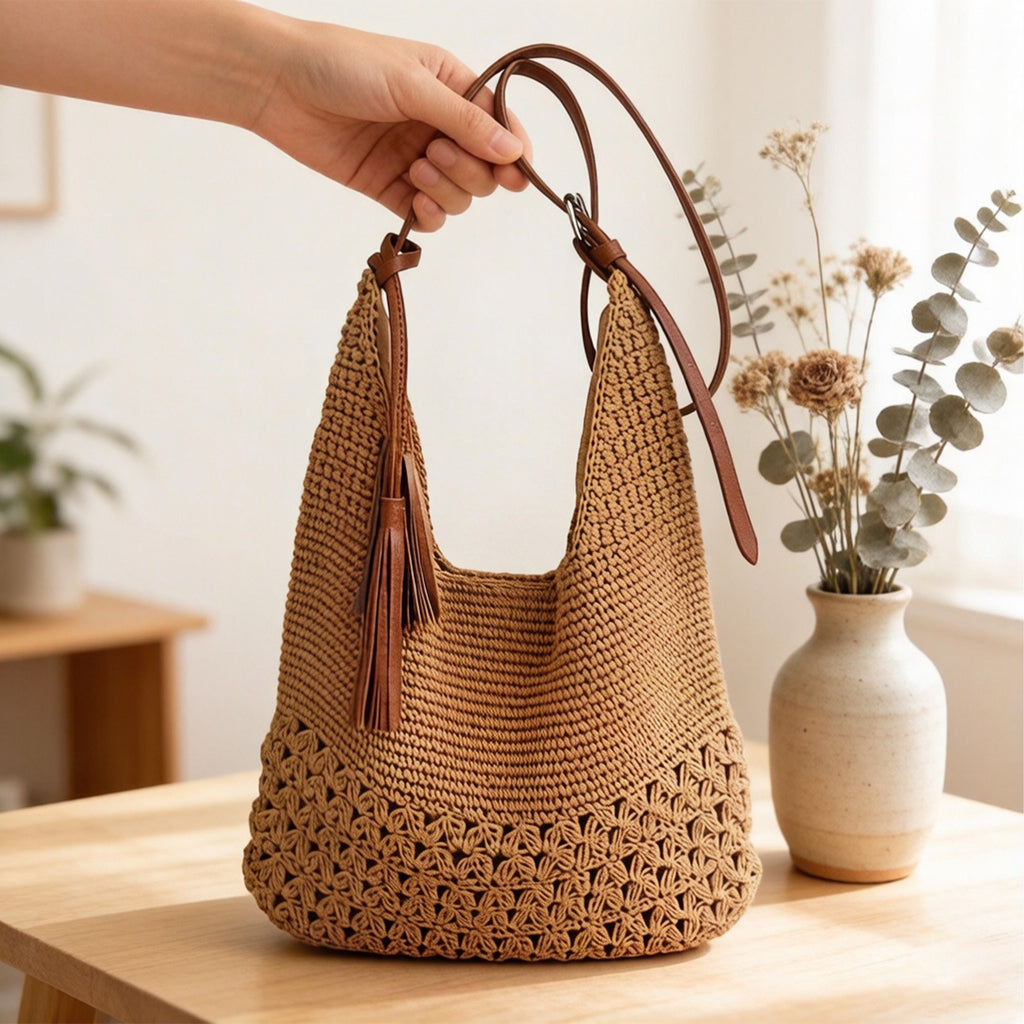 Crochet Hobo Shoulder Bag with Tassel Detail Adjustable Strap Slouchy Knit Handbag Lightweight Casual Tote