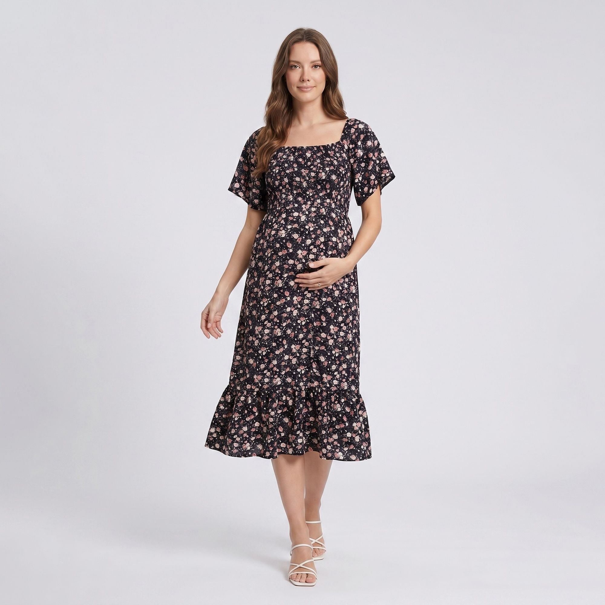 Maternity Floral Square Neck Midi Dress with Short Sleeves and Ruffle Hem