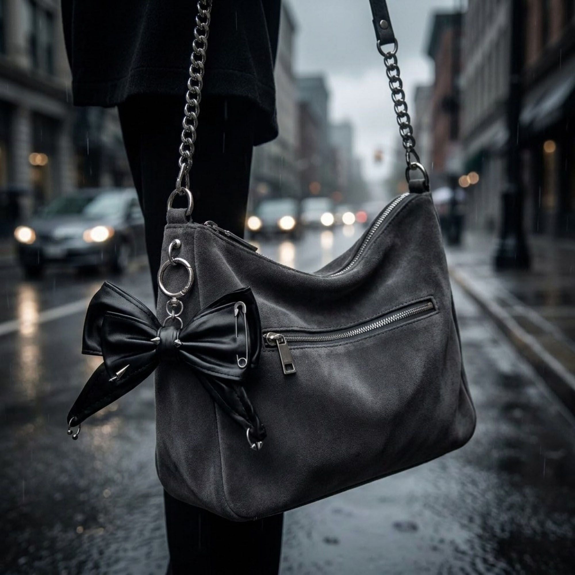 Faux Leather Bow Keychain with Safety Pin Stud Detail Oversized Bow Bag Charm Key Ring Accessory