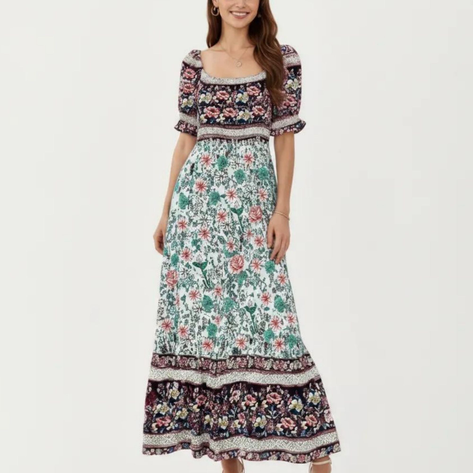 Anna-Kaci Women's Puff Sleeve Maxi Dress with Mixed Floral Print and Border Hem
