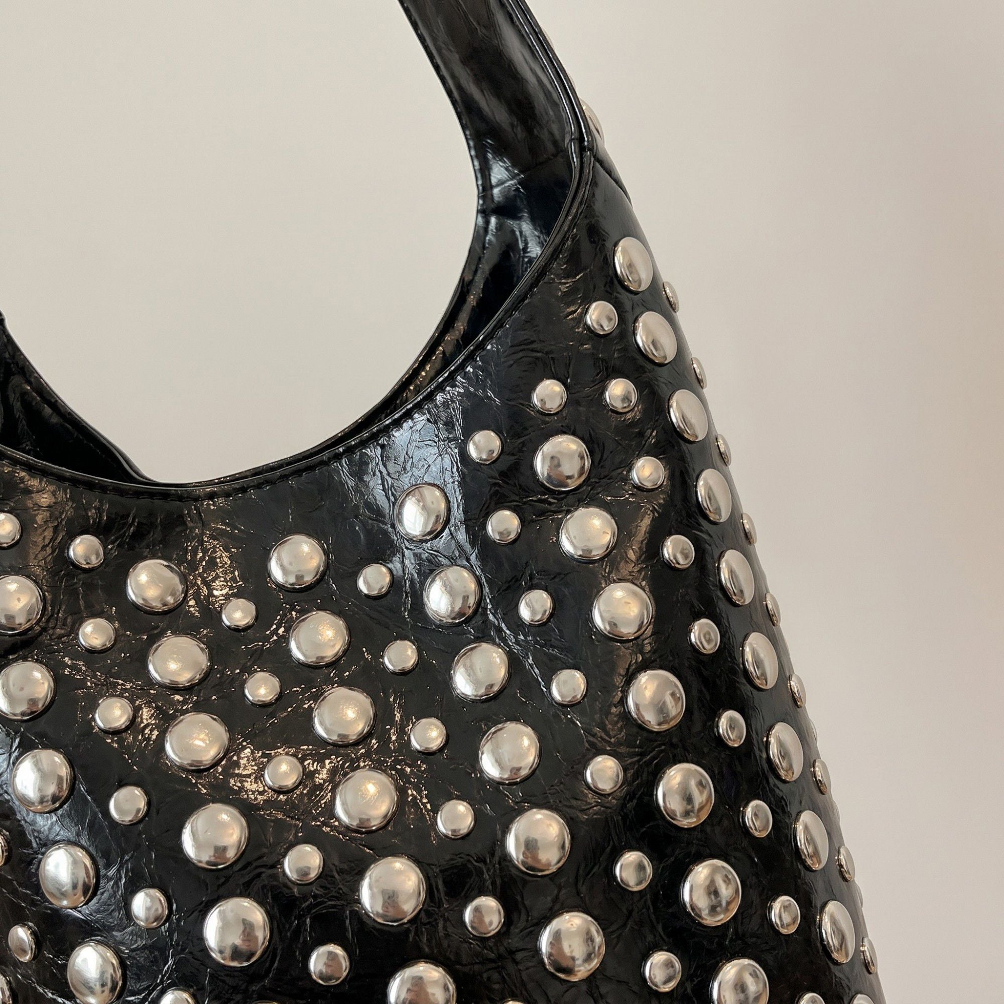 Studded Bucket Shoulder Bag with Glossy Finish Wide Strap Structured Silhouette Fashion Handbag 9.5x8.5x5 in