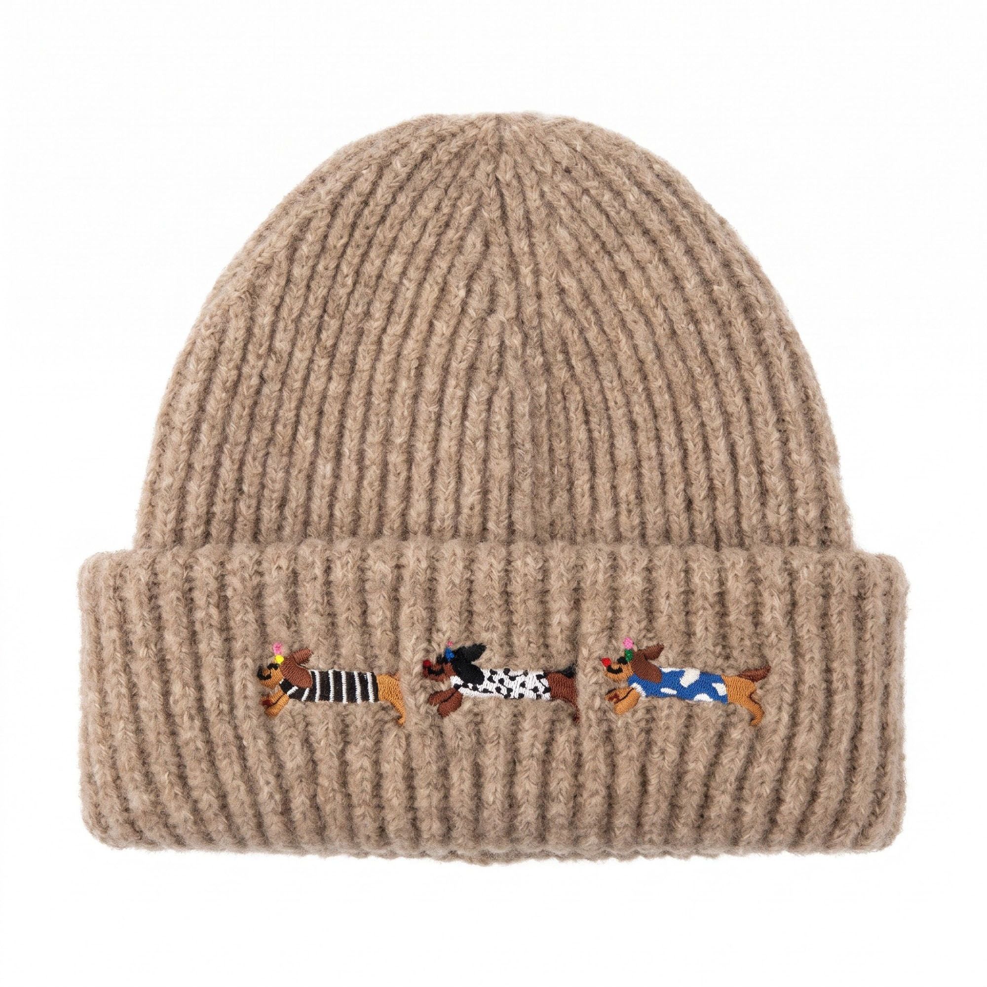 Embroidered Dachshund Knit Beanie Ribbed Cuff Winter Hat