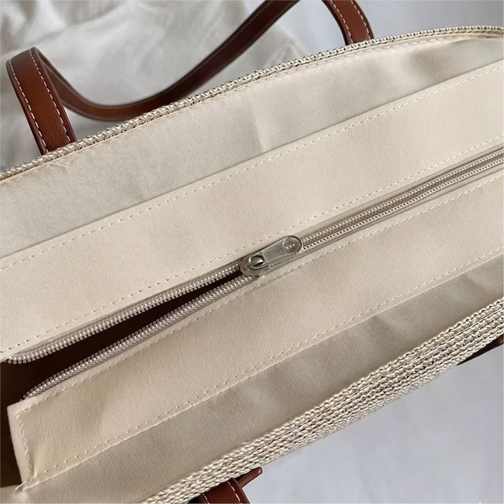 Striped Woven Straw Tote Bag Large Capacity Zip Top Shoulder Carryall Handbag