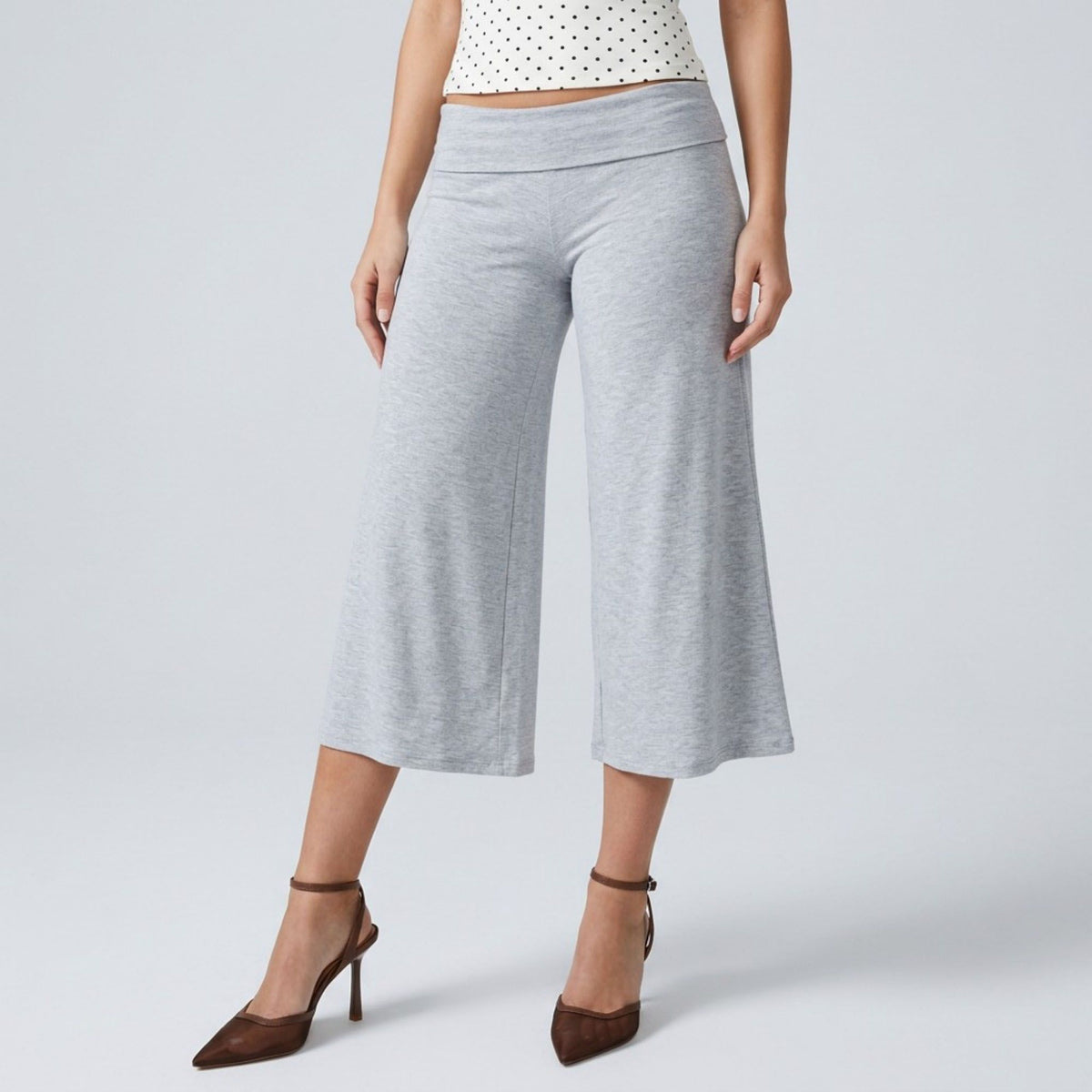 Foldover Waistband Cropped Wide-Leg Trousers