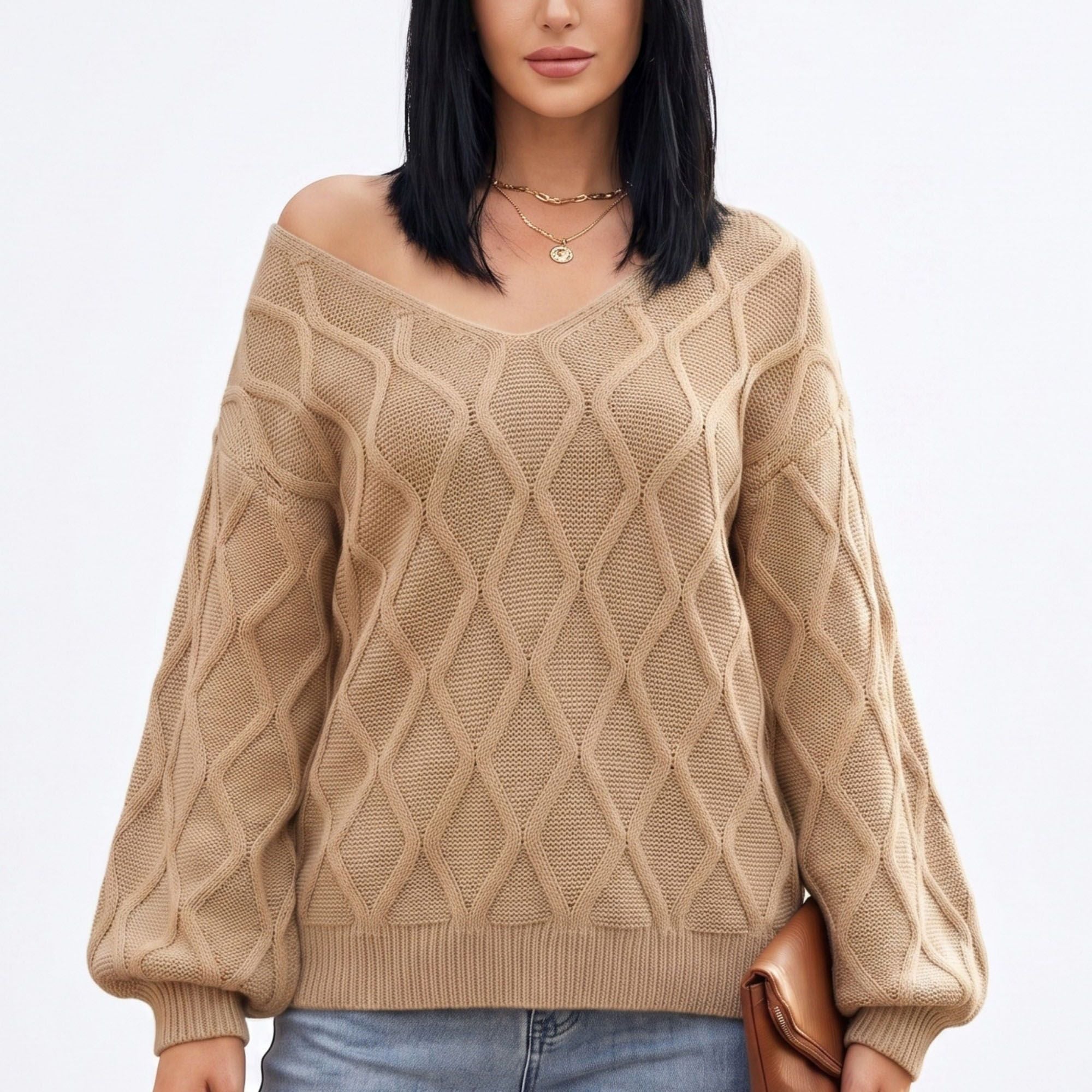 Cable Knit V-Neck Balloon Sleeve Sweater