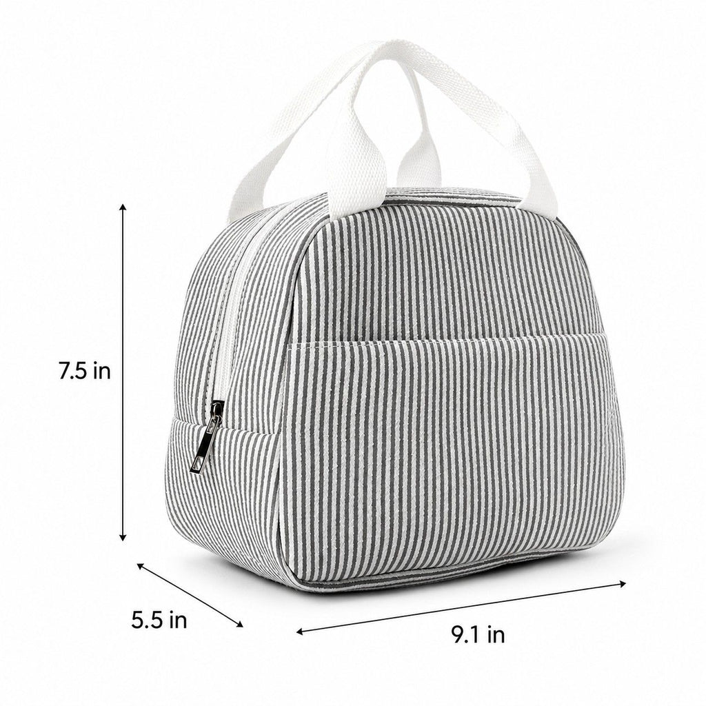Striped Insulated Lunch Tote Bag with Front Pocket and Zip Closure