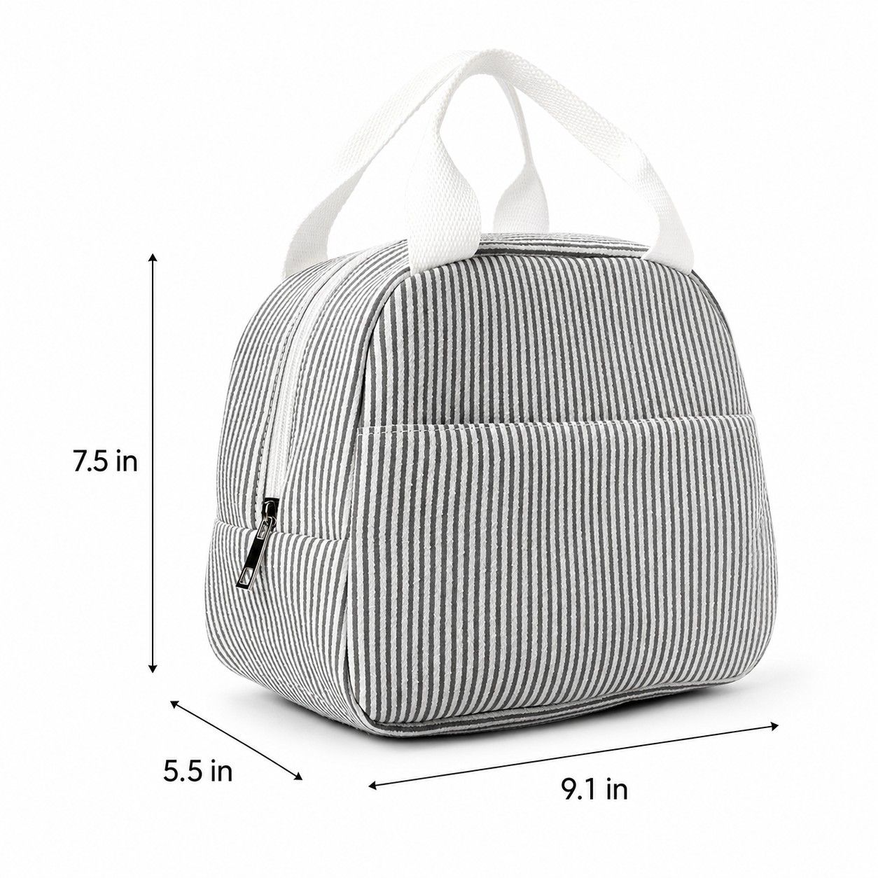 Striped Insulated Lunch Tote Bag with Front Pocket and Zip Closure